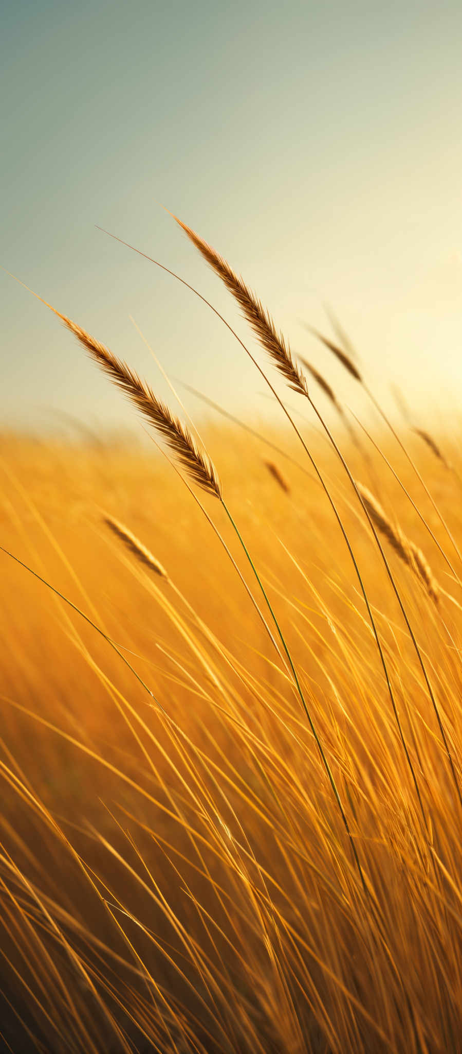 The image showcases a serene landscape dominated by tall grasses swaying in the wind. The grasses have a golden hue, likely due to the setting or rising sun, and are illuminated with a warm, soft light. The sky in the background is clear with a gradient of light blue to a deeper shade, suggesting either early morning or late afternoon. The overall ambiance of the image is calm and tranquil, evoking feelings of peace and solitude.