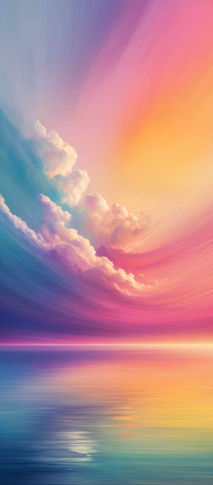 The image showcases a vibrant and colorful landscape. The sky is painted with a gradient of colors, transitioning from a deep blue at the top to a fiery orange and pink near the horizon. There are fluffy white clouds scattered across the sky, reflecting the hues of the sunset. The horizon meets a calm body of water, which mirrors the colors of the sky. The water reflects the gradient of the colors, creating a serene and mesmerizing effect.