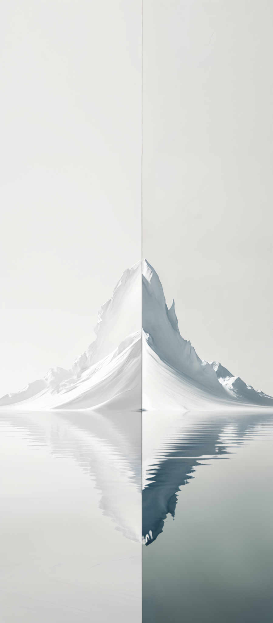 The image showcases a serene and symmetrical landscape divided into two halves. On the left side, there's a pristine snow-covered mountain peak, surrounded by a calm, clear sky. The right side of the image mirrors the left, with the same snow-capped mountain and sky. However, the water below reflects the mountain and the sky, creating a mirror effect. The color palette is dominated by various shades of white, gray, and subtle hints of blue, giving the image a tranquil and ethereal feel.