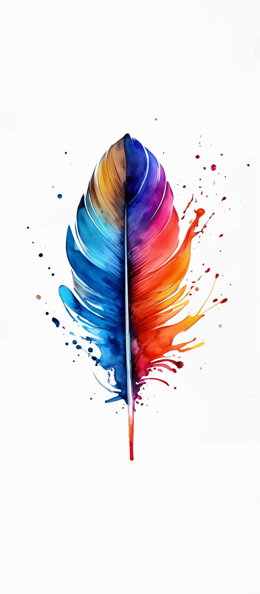 The image showcases a vibrant and colorful feather-like structure. The feather is predominantly blue at the top, transitioning to a mix of purples, oranges, and reds towards the bottom. Splashes of these colors are seen around the feather, giving it an artistic and dynamic appearance. The shape of the feathers is elongated and slightly curved, with intricate details highlighting the texture and layers of the structure.