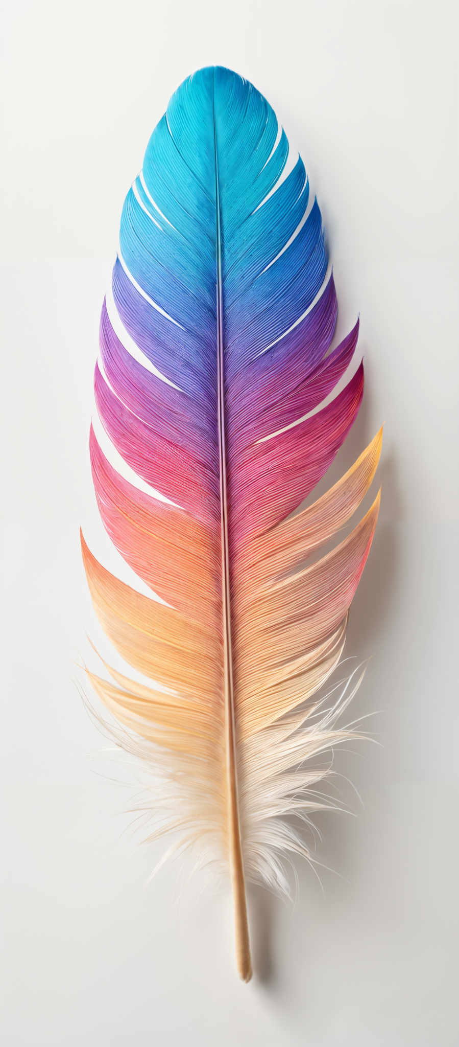 The image showcases a feather with a gradient of colors. It starts with a deep blue at the top, transitioning to a vibrant purple, then to a warm orange, and finally to a soft peach at the bottom. The feather has a symmetrical shape with a central spine running through its length. The edges of the feather are well-defined, and the base has a delicate fringe of feathers.