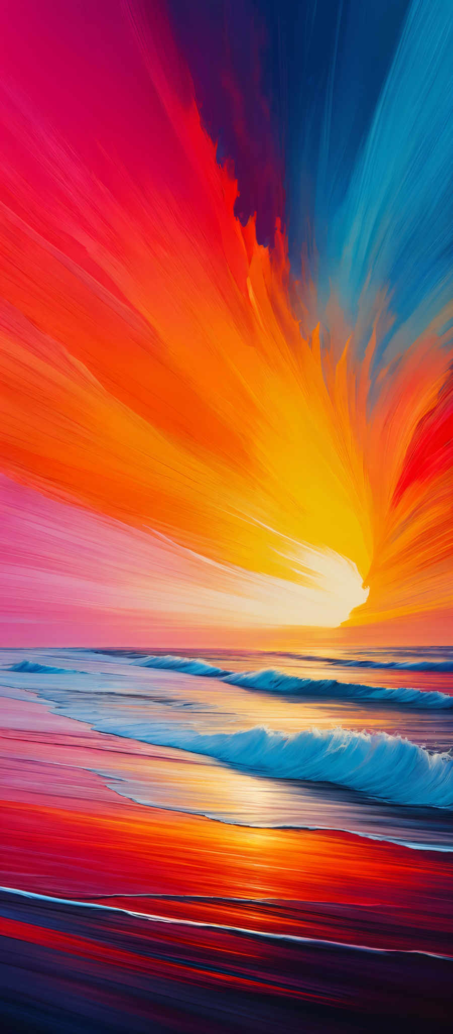 The image showcases a vibrant and colorful sunset over a beach. The sky is painted with a myriad of colors, including deep reds, fiery oranges, and cool blues. The sun, positioned near the horizon, emits a brilliant yellow and white glow, which contrasts beautifully with the surrounding hues. Below, the ocean reflects the colors of the sky, with waves gently crashing onto the shore. The overall impression is one of serenity and awe, capturing the fleeting beauty of nature.