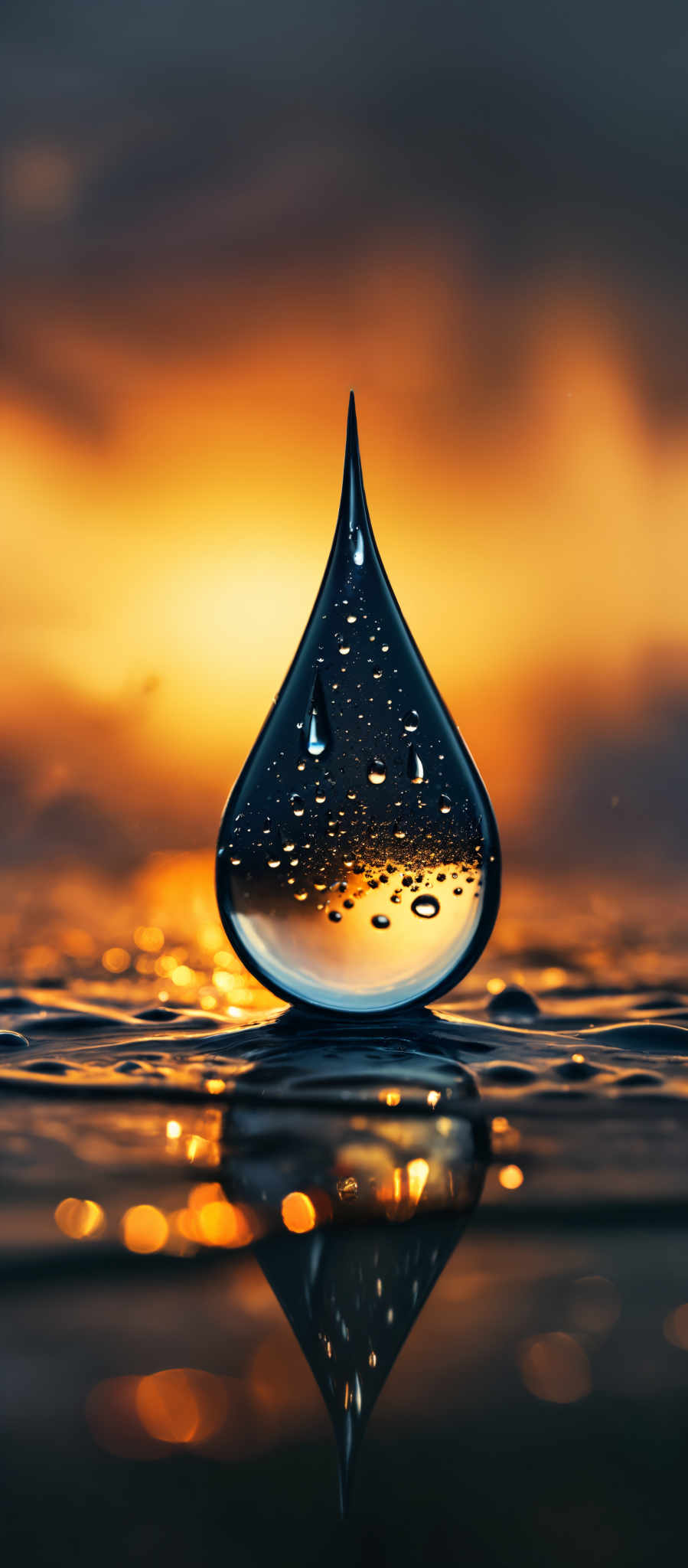 The image showcases a large, teardrop-shaped object, possibly made of glass or a similar material, that is placed on a reflective surface. The object is filled with water, and within it, there are smaller droplets suspended in the air. The background displays a breathtaking sunset with hues of orange, yellow, and deep blue. The sun's reflection can be seen on the water's surface, creating a shimmering effect. The overall ambiance of the image is serene and captivating.