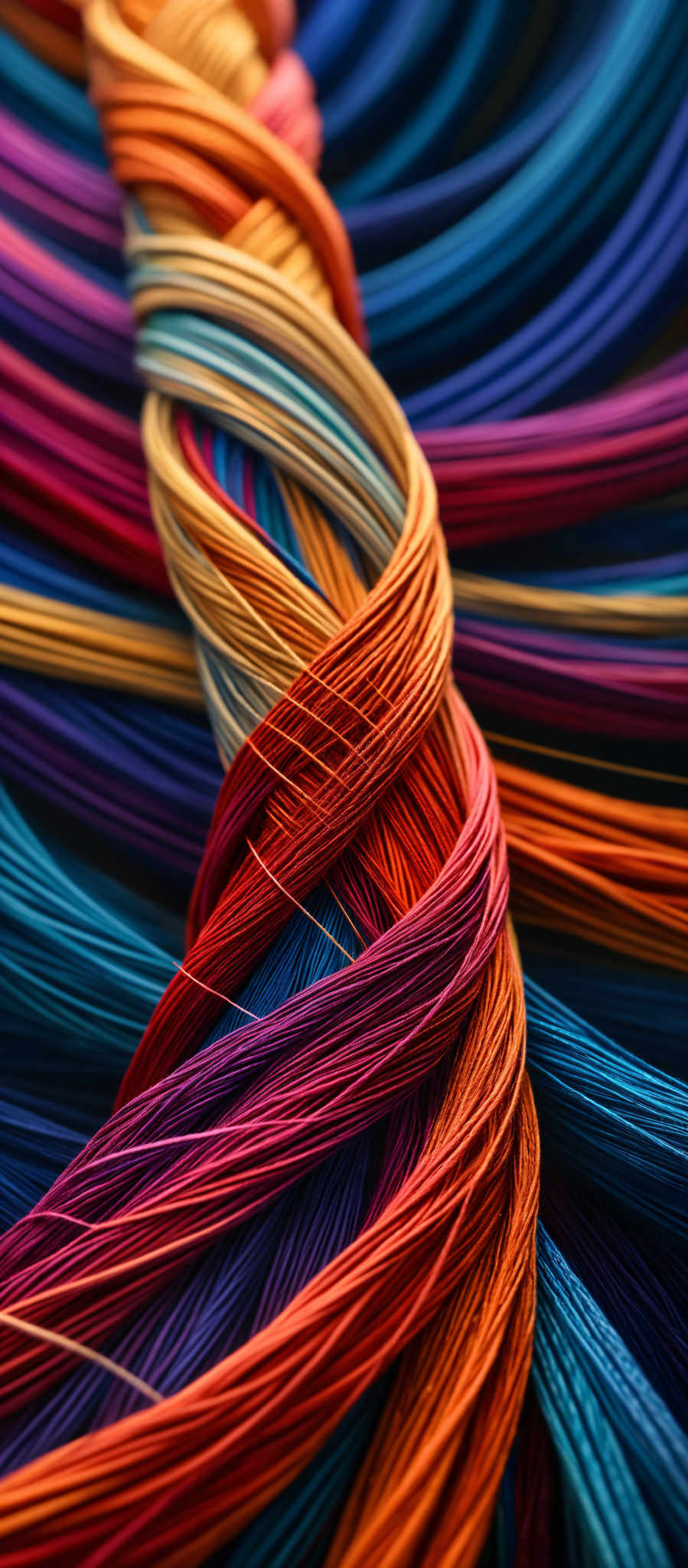 The image showcases a vibrant and intricate intertwining of multiple colorful threads or wires. The threads are woven together in a spiral pattern, with each strand exhibiting a unique color ranging from deep blues, fiery oranges, to rich purples. The texture appears smooth, and the intertwined pattern gives a sense of depth and dimension to the image, making it visually captivating.