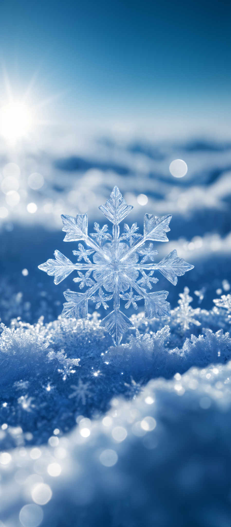 The image predominantly features shades of blue, from light to dark. The main focus is on a beautifully intricate snowflake that appears to be resting on a bed of snow. The snowflare has a symmetrical shape with multiple pointed arms, each adorned with detailed patterns. The background showcases a snowy landscape with a glimmering sunlight, casting a warm glow and creating a contrast with the cold blue tones of the snow and snowflace.