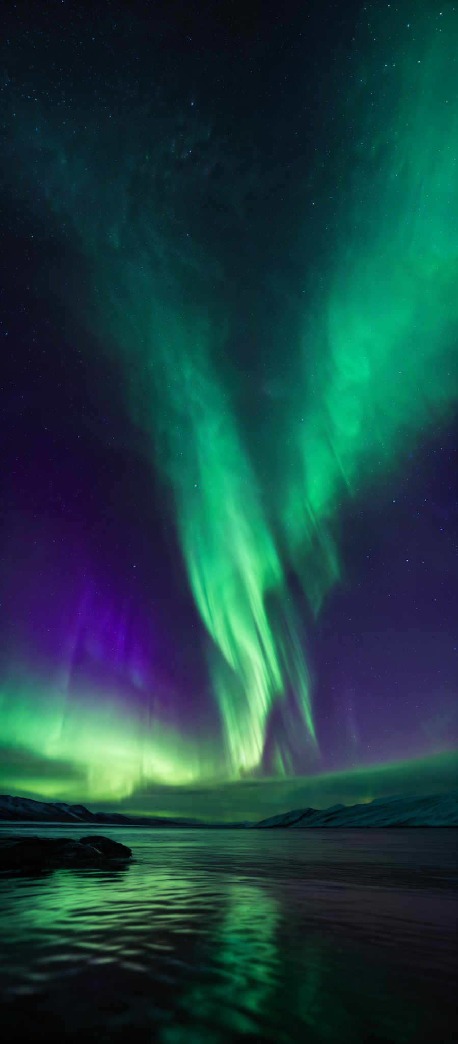 The image showcases the mesmerizing Northern Lights, also known as the Aurora Borealis. These lights display a vibrant array of colors, predominantly green and purple, cascading down from the night sky. The shape of the lights is somewhat wavy and streaked, creating an ethereal and almost celestial effect. The backdrop is a starry night sky, adding to the overall beauty and mystique of the scene. In the foreground, there's a calm body of water reflecting the lights, creating a mirrored effect.