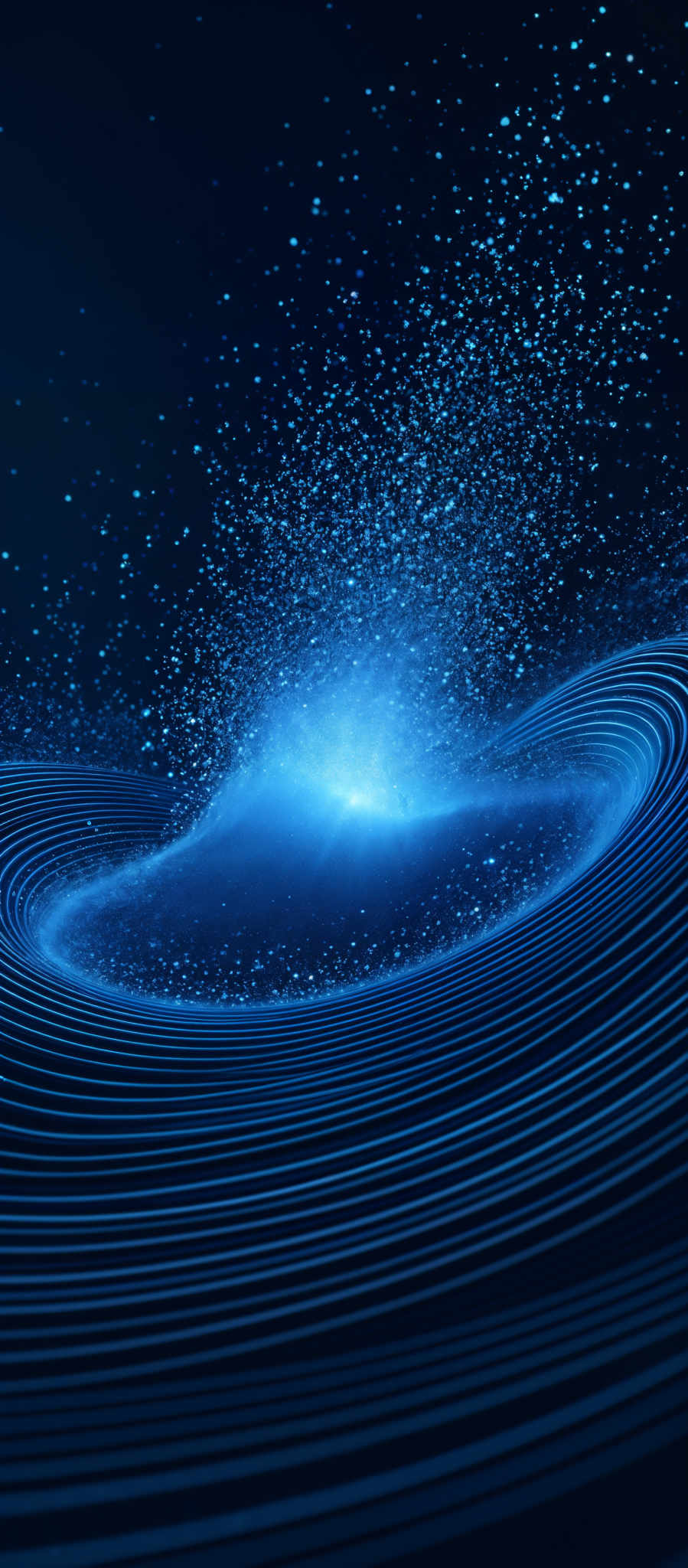 The image showcases a captivating visual of swirling, concentric lines that appear to be emanating from a central point. These lines are rendered in a deep blue hue, creating a sense of depth and movement. The swirled patterns are interspersed with a burst of small, glowing dots that seem to be floating or dispersing, adding a sense wonder and dynamism to the scene. The overall composition gives an impression of a cosmic or digital phenomenon, perhaps representing a vortex or a digital data stream.