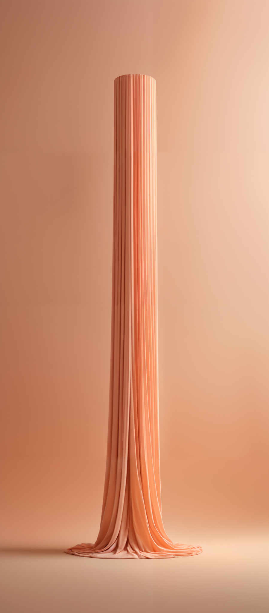 The image showcases a cylindrical object draped with a flowing fabric that appears to be in shades of peach and light orange. The fabric is elegantly folded at the base, creating a pleated appearance. The background is a gradient of the same peach color, creating an ambiance of warmth and luxury.