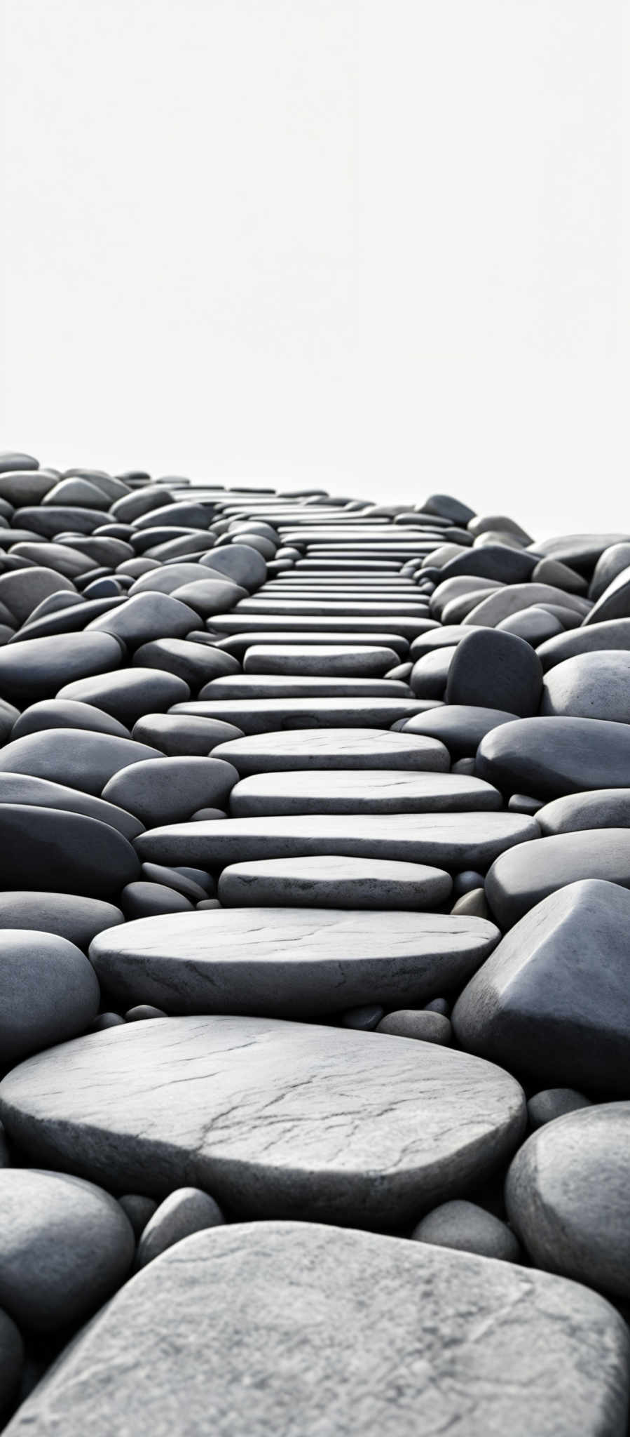 The image showcases a series of smooth, rounded stones arranged in a pathway. The stones vary in size, with some being larger and others smaller. The color palette is predominantly shades of gray, with subtle variations in the stone's texture and sheen. The pathway made of these stones appears to lead towards a white, misty horizon, creating a serene and tranquil atmosphere.