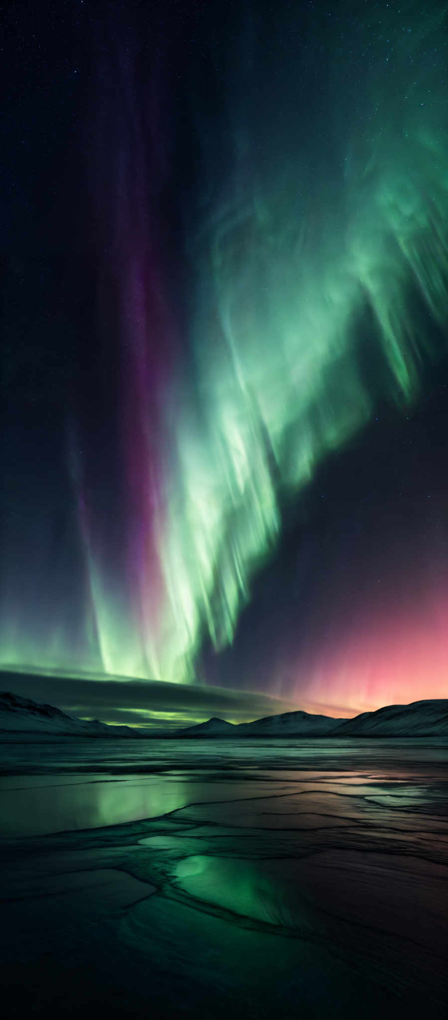 The image showcases a breathtaking view of the Northern Lights, also known as the Aurora Borealis. The colors range from deep purples and blues to vibrant greens and pinks. The shape is predominantly curvilinear, with the lights dancing and swirling in the night sky. Below, there's a serene landscape with what appears to be a frozen body of water reflecting the colors of the sky. The horizon is adorned with a faint glow, possibly from a distant city or natural phenomenon.