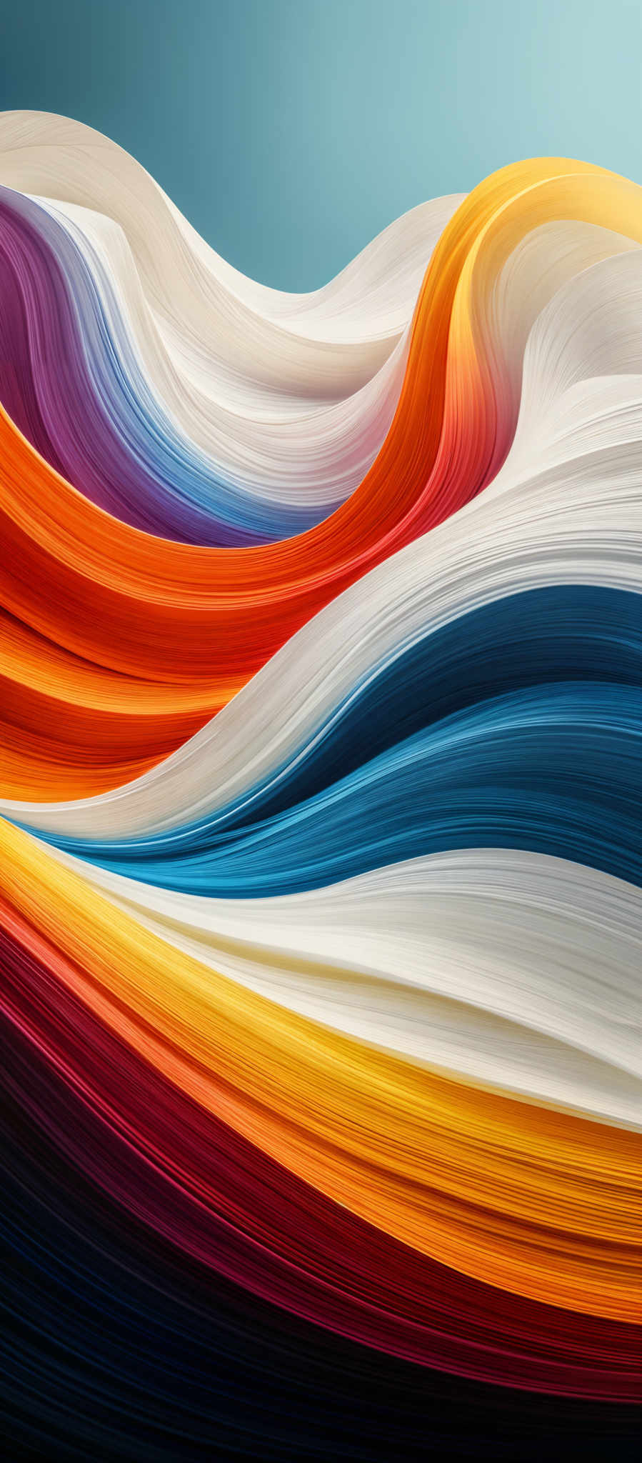 The image showcases a vibrant and colorful abstract design. It features wavy, flowing lines in a variety of hues including blue, orange, yellow, purple, and white. The colors seamlessly blend into one another, creating a harmonious and visually pleasing effect. The wavy patterns give the impression of waves or fluid motion, and the overall design evokes feelings of movement and fluidity.