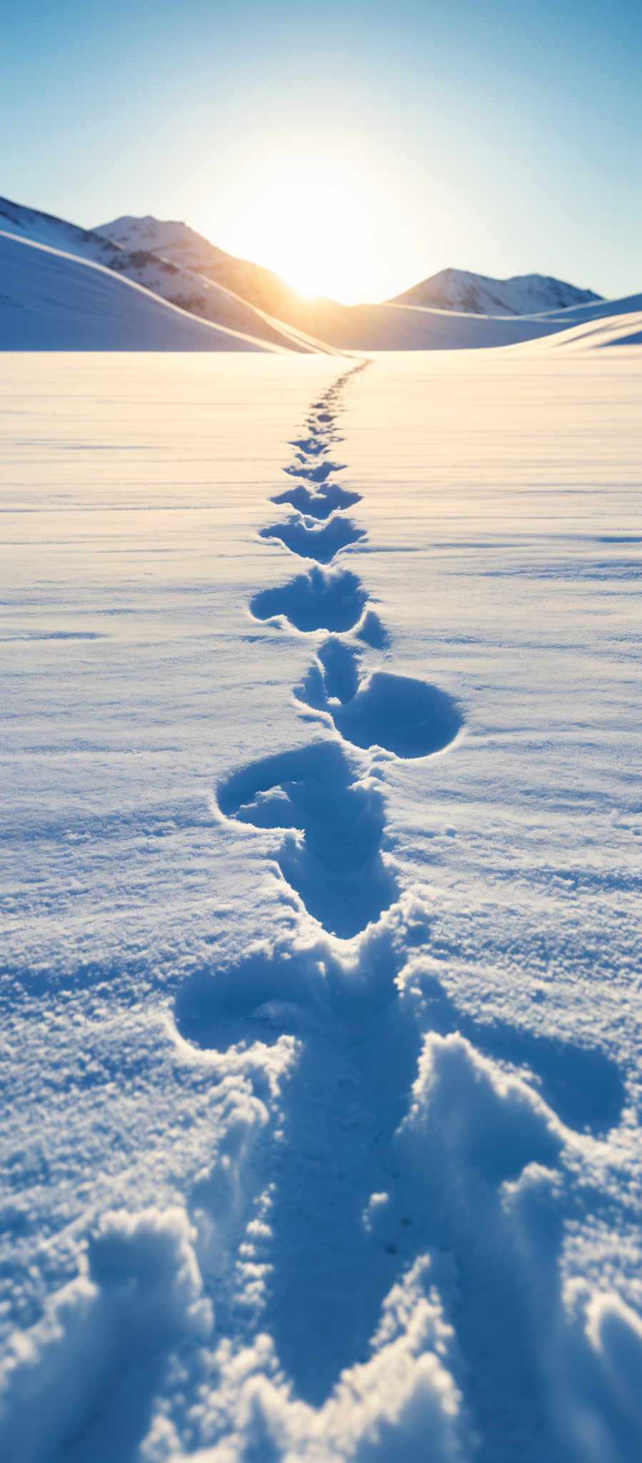 The image showcases a vast snowy landscape with a clear blue sky overhead. The sun is positioned near the horizon, casting a warm golden hue over the scene. The snow appears pristine and untouched, with footprints leading the viewer's eye towards the horizon. The footprint pattern is irregular, suggesting the movement of an animal or a person. The overall color palette is dominated by shades of blue, white, and gold, creating a serene and tranquil atmosphere.