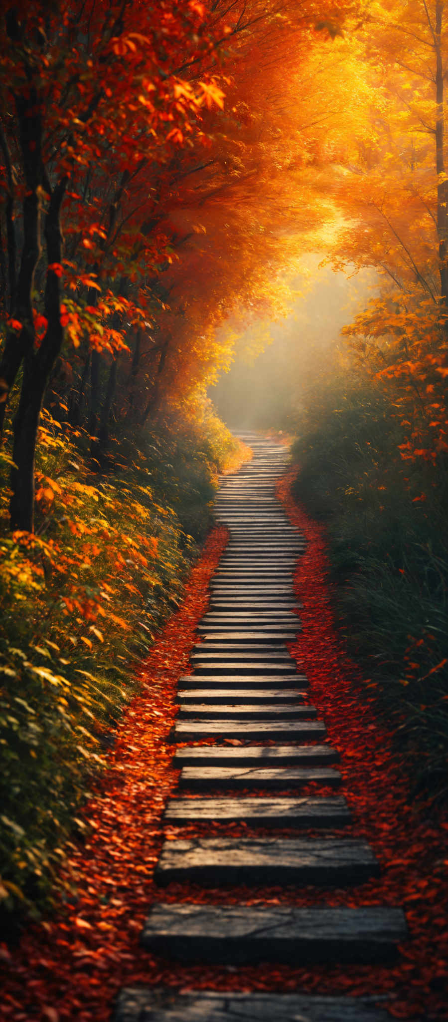 The image showcases a picturesque scene of a forest during autumn. The dominant colors are warm hues of orange, red, and yellow, representing the fall foliage. The trees are dense, with their leaves showcasing a vibrant display of these colors. A stone pathway, covered in fallen leaves, leads through the forest. The pathway is made up of flat, rectangular stones, and it appears to be well-maintained. The sunlight filters through the trees, casting a soft glow and creating a misty ambiance in the background.