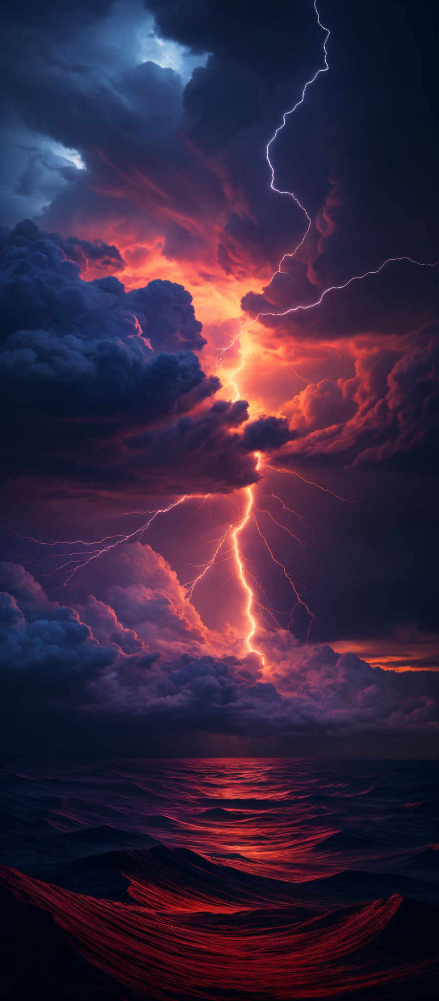 The image showcases a dramatic and intense scene of nature. The sky is dominated by dark, ominous clouds, interspersed with bright, fiery hues of orange and red, suggesting either a sunset or sunrise. A powerful lightning bolt cuts through the clouds, illuminating the scene with its electric blue light. Below, the calm sea reflects the fiery colors of the sky, creating a contrast between the turbulent sky and the serene waters. The waves in the sea have a deep red hue, adding to the overall intensity of the scene.