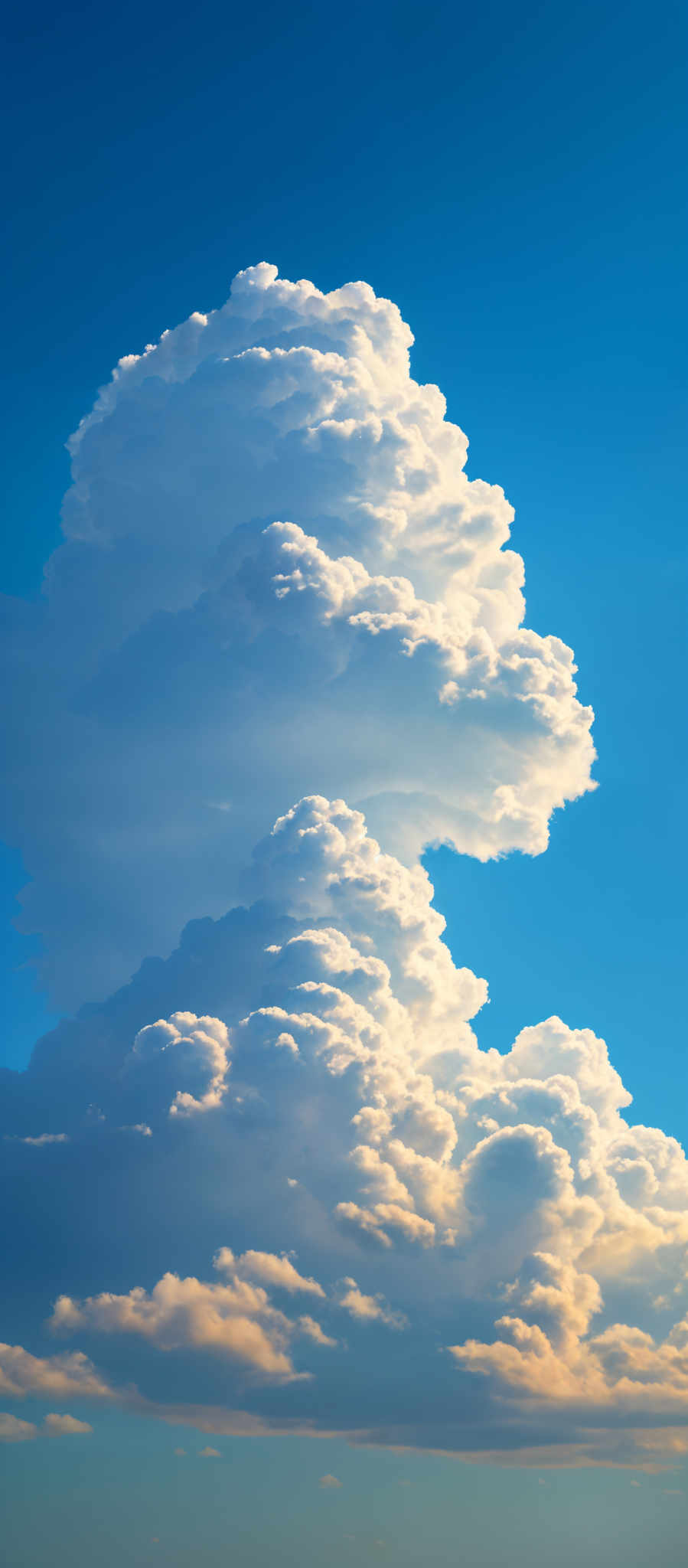 The image showcases a vast expanse of the sky with a dominant presence of cumulus clouds. These clouds are white and fluffy, with some appearing denser and more turbulent than others. The color palette is predominantly blue, with the clouds taking on a lighter hue, possibly due to the sunlight reflecting off them. The horizon is visible at the bottom, and it appears to be a clear day with no visible landmasses.