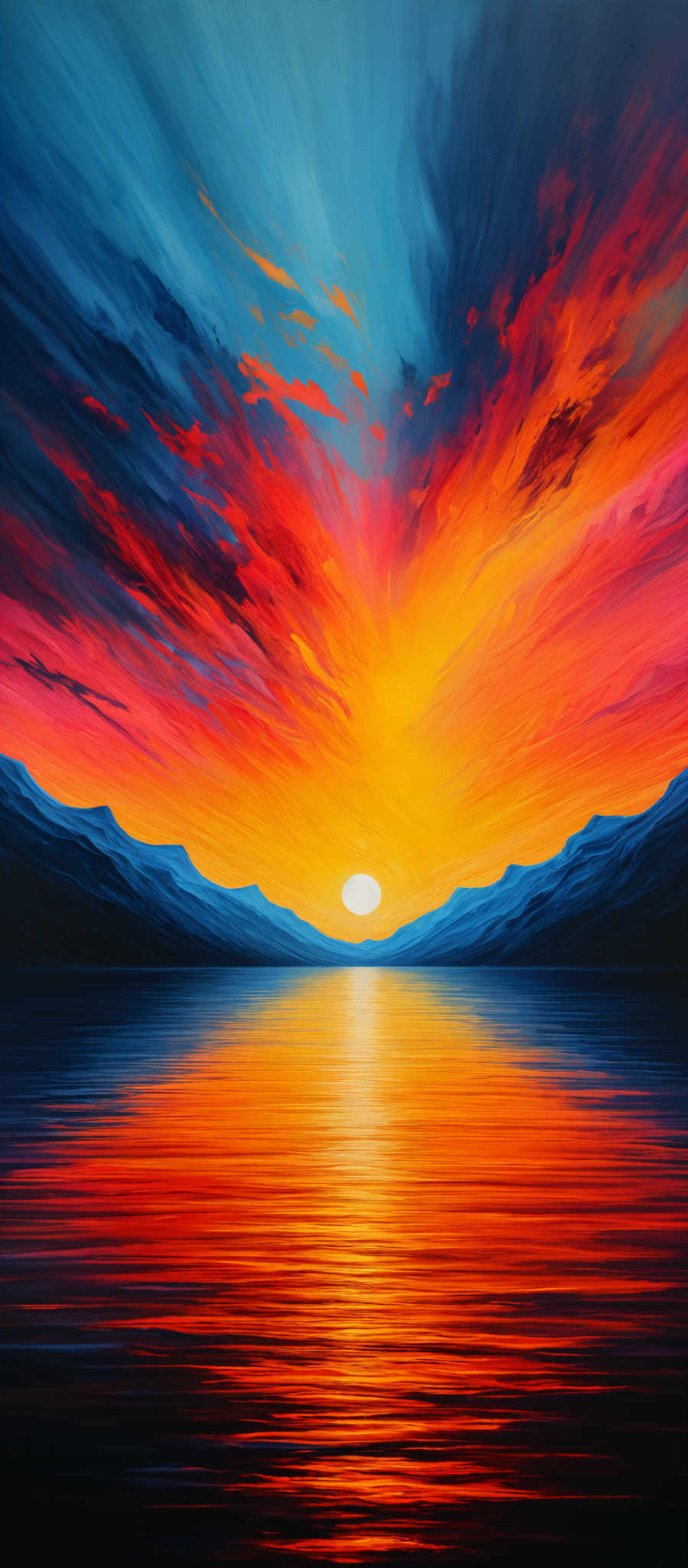 The image showcases a vibrant sunset over a serene body of water. The sky is painted with a myriad of colors, ranging from deep blues and purples at the top to fiery oranges, reds, and yellows near the horizon. The sun is depicted as a bright white orb, casting a radiant glow that reflects on the water below. The water mirrors the sky's colors, creating a symmetrical and harmonious view. In the background, there are silhouettes of mountains, adding depth and contrast to the scene.