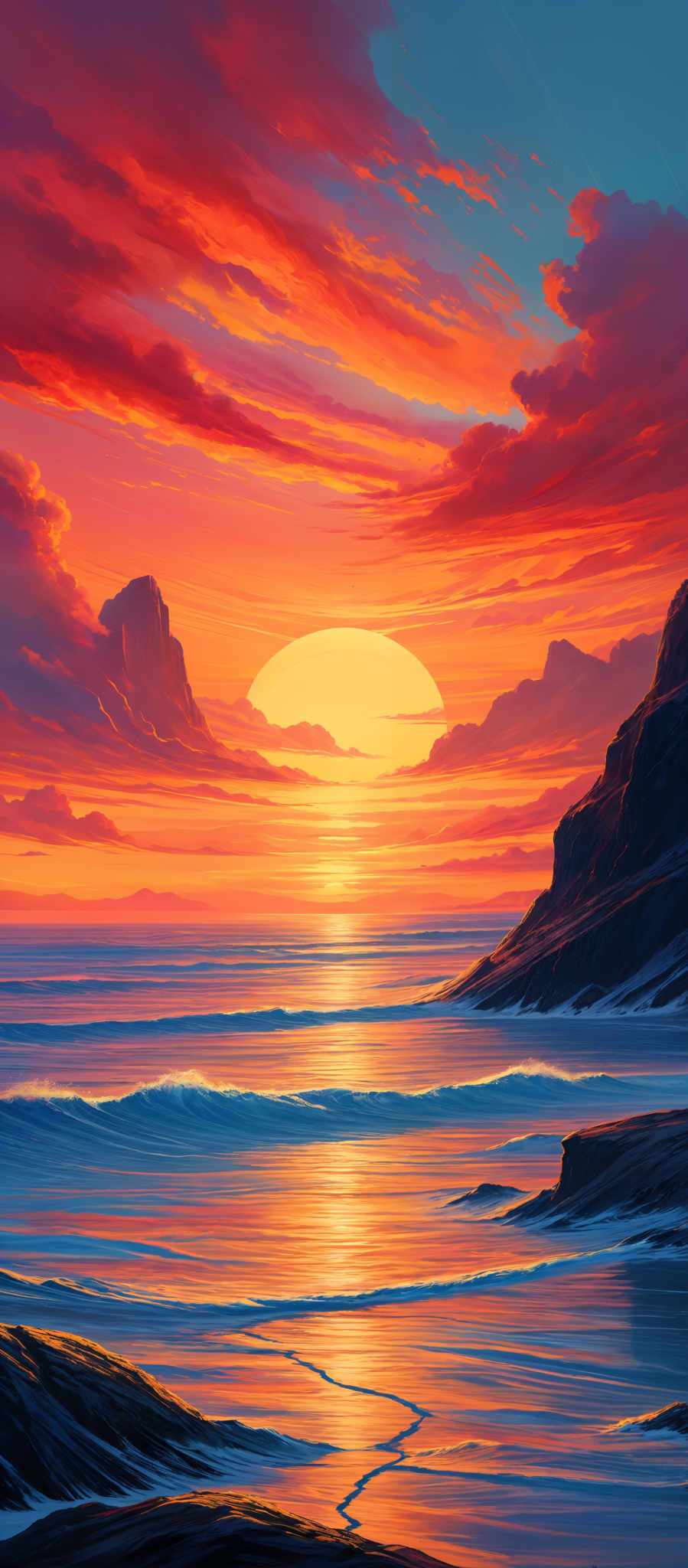 The image showcases a breathtaking sunset over a serene beach. The sky is painted with vibrant hues of red, orange, and yellow, with the sun nearing the horizon casting a golden glow. The clouds are dramatic, with some appearing fiery and others taking on a more muted tone. The ocean reflects the colors of the sky, with gentle waves crashing onto the shore. On the right, there's a rugged cliff with dark shadows, contrasting with the brightness of the scene. The overall ambiance is one of tranquility and awe.