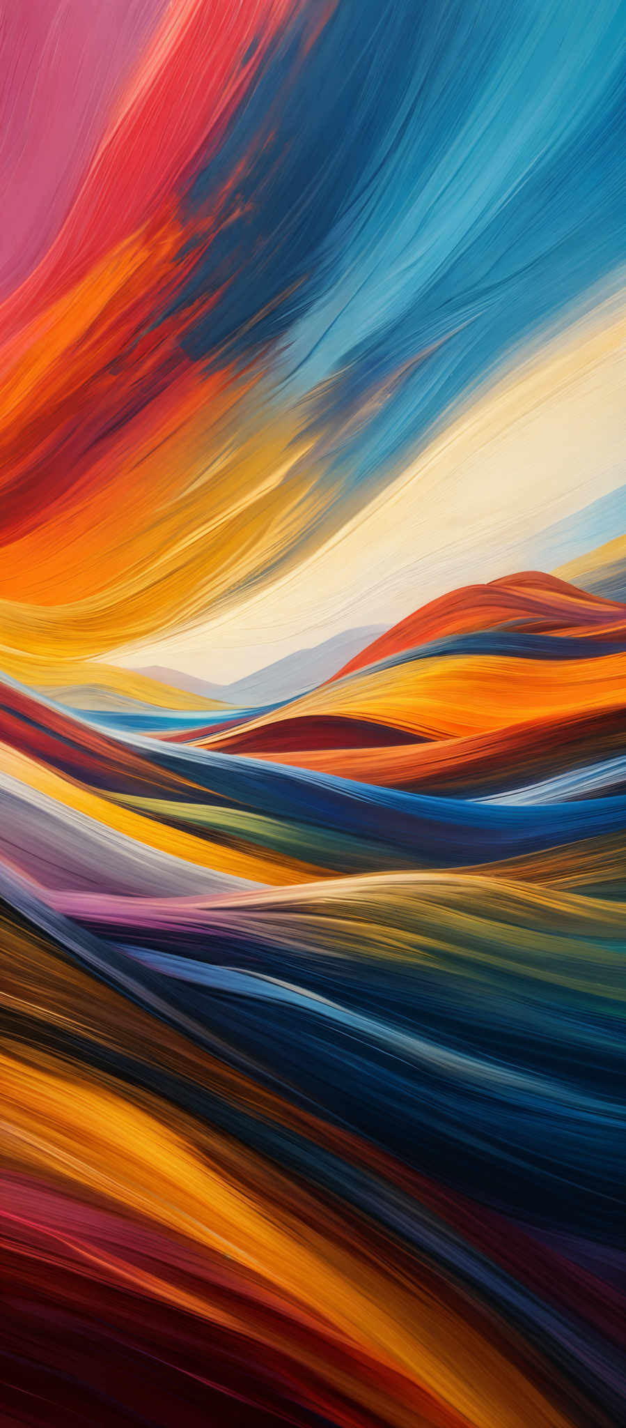 The image showcases a vibrant and colorful abstract landscape. The dominant colors include shades of red, blue, yellow, and orange. The shapes are fluid and wavy, resembling flowing water or a dynamic sky. The swirls and patterns give the impression of a dynamic environment, possibly depicting a sunset or sunrise over a body of water with hills or landforms in the distance.