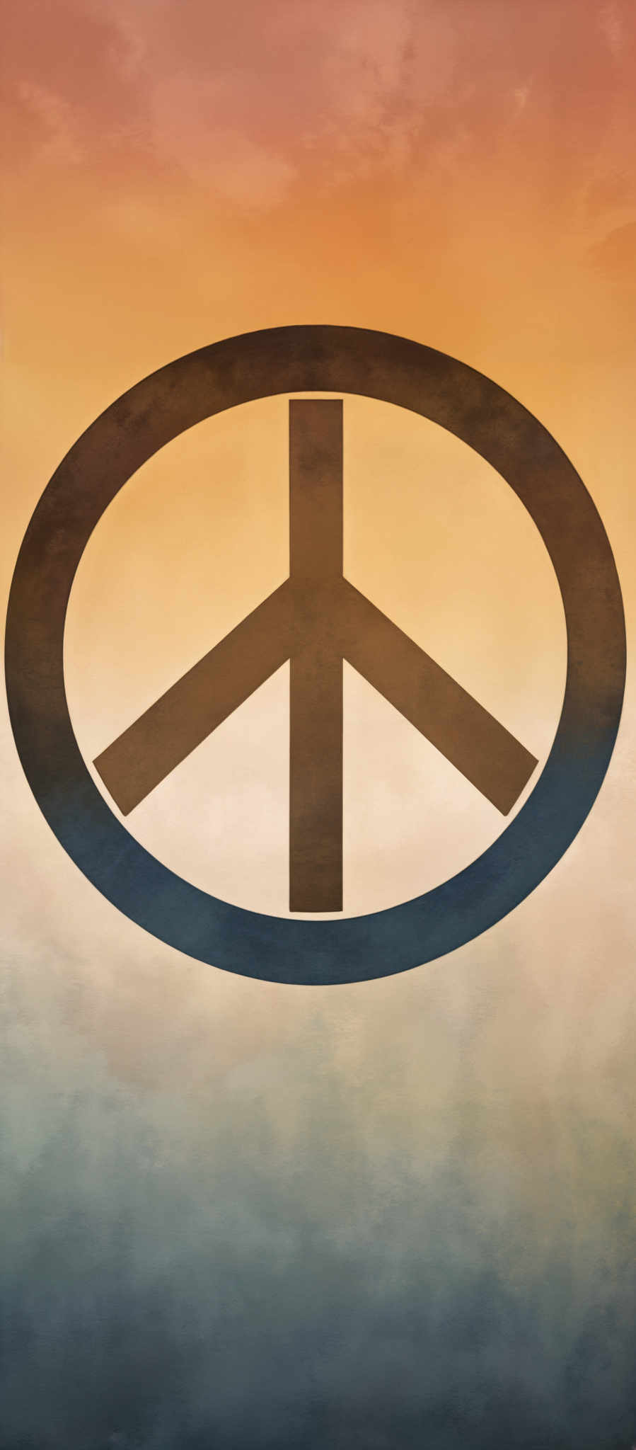 The image showcases a large, circular peace sign in the center. The sign is made up of three interlocking arcs: the top arc is a straight line, the middle one is a horizontal line, and the bottom arc is also a straight horizontal line. The background of the image transitions from a warm orange at the top to a cooler blue at the bottom. The overall color palette gives a sense of warmth and tranquility.