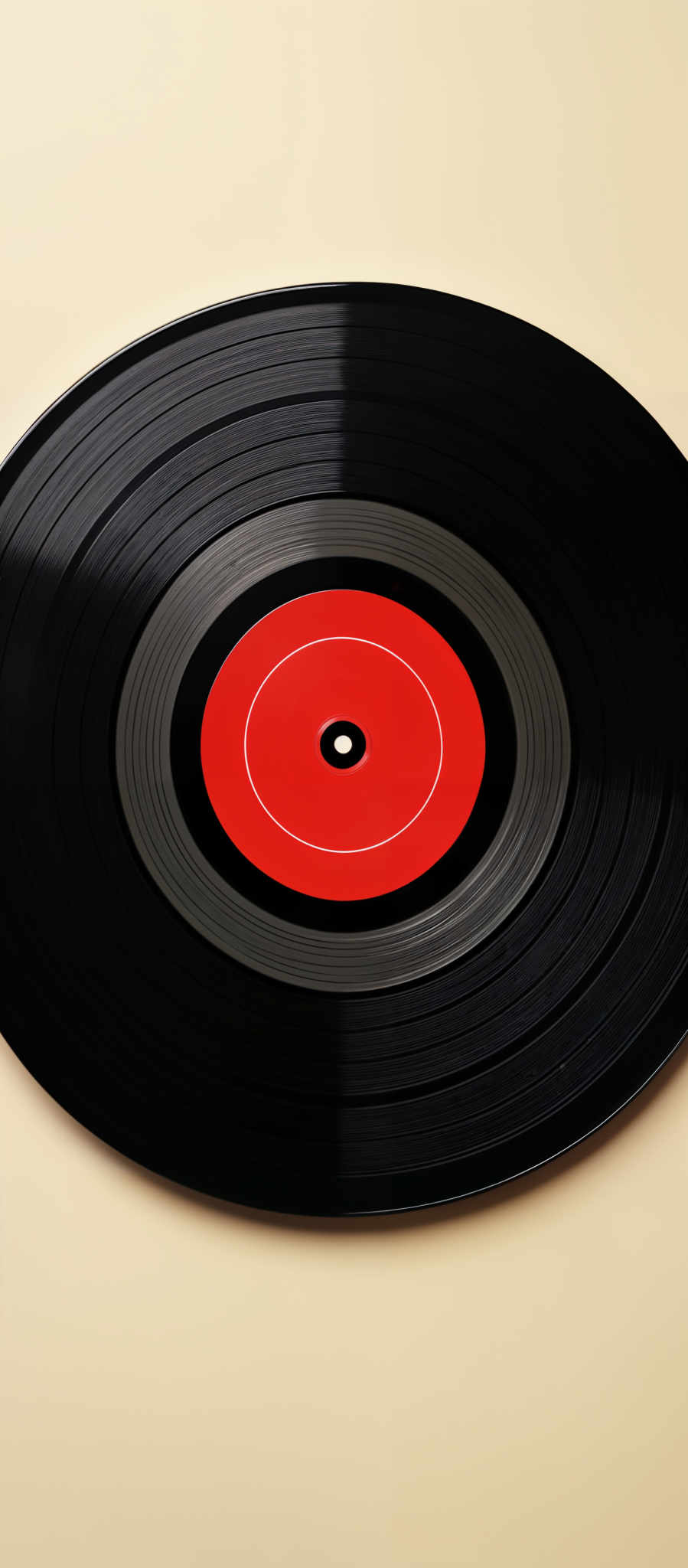 The image showcases a vinyl record with a circular shape. The record is predominantly black with a vibrant red center. The grooves on the record are visible, indicating its use for playing music. There's also a small hole in the center of the red section, which is typically where the needle would be inserted to play the record.