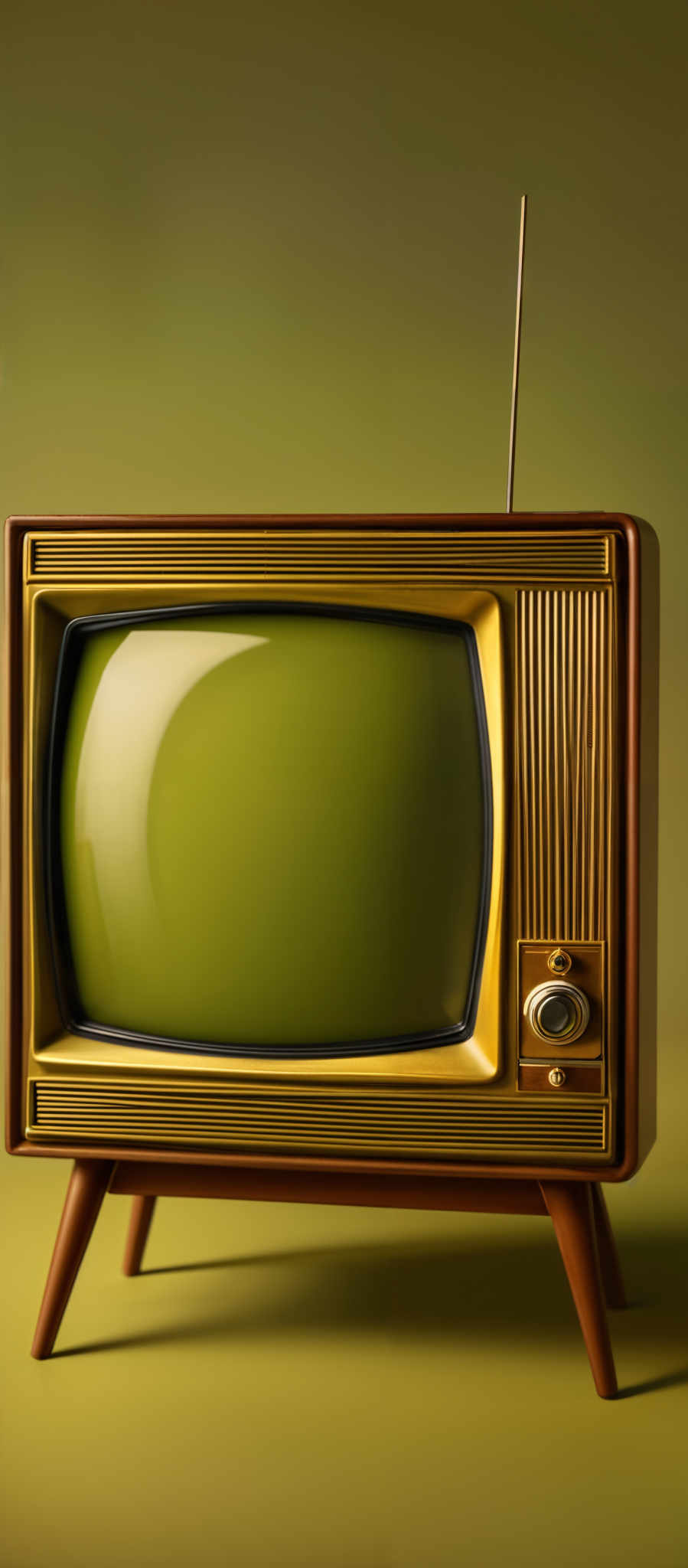 The image showcases a vintage television set. The television has a rectangular shape with a rounded top. It is predominantly brown with gold accents. The screen is a shiny green. On the right side of the television, there's an antenna. On its left side, there are two dials, one of which appears to be for volume and the other for channel selection. The TV is placed on four wooden legs.