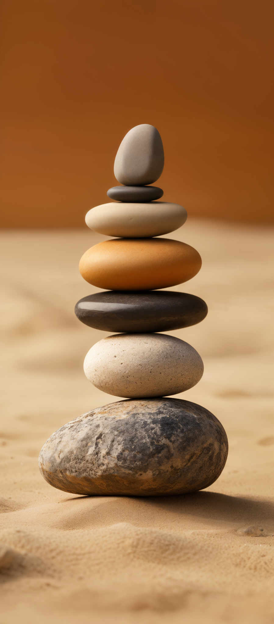 The image showcases a stack of smooth, rounded stones set against a sandy background. The stones vary in size and color, with shades of beige, brown, and gray. The largest stone at the bottom is dark gray with a speckled texture, while the smallest stone on top is a light gray. Each stone is perfectly balanced on top of the other, creating a harmonious and serene visual.