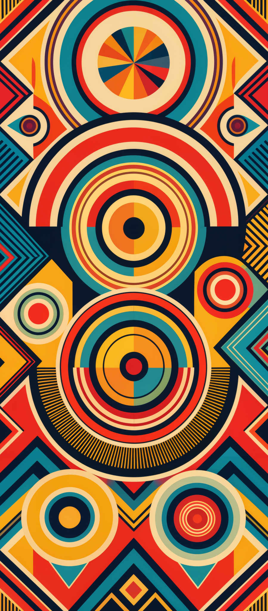 The image showcases a vibrant and intricate geometric pattern. It predominantly features a variety of colors such as red, blue, yellow, and orange. The shapes include circles, triangles, and various other geometric patterns. The design is symmetrical, with concentric circles and patterns radiating outwards, creating a sense of balance and rhythm.