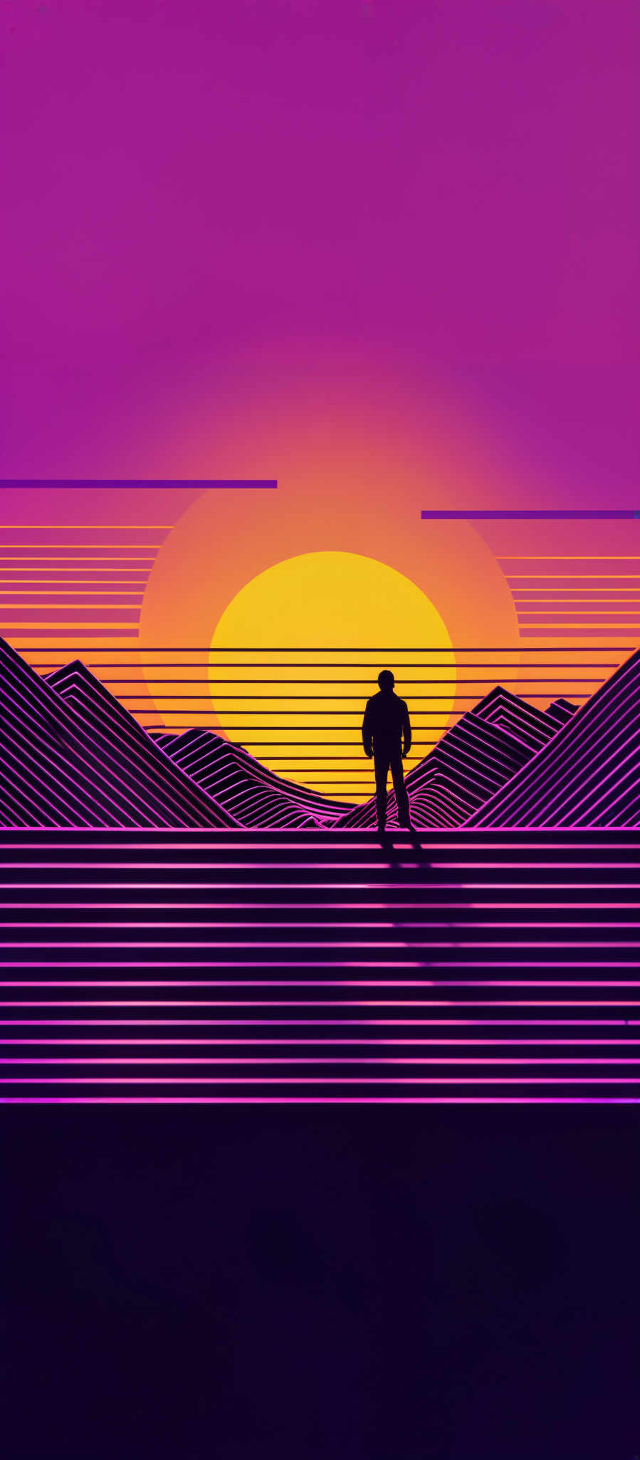 The image predominantly features vibrant shades of purple, pink, and yellow. The top portion showcases a gradient of purples transitioning into a bright yellow, representing the sun. Below the sun, there are layered horizontal stripes in varying shades, creating an abstract mountainous landscape. In the foreground, a silhouette of a person stands, looking towards the sunset. The person's shadow is cast on the striped ground, adding depth to the scene.