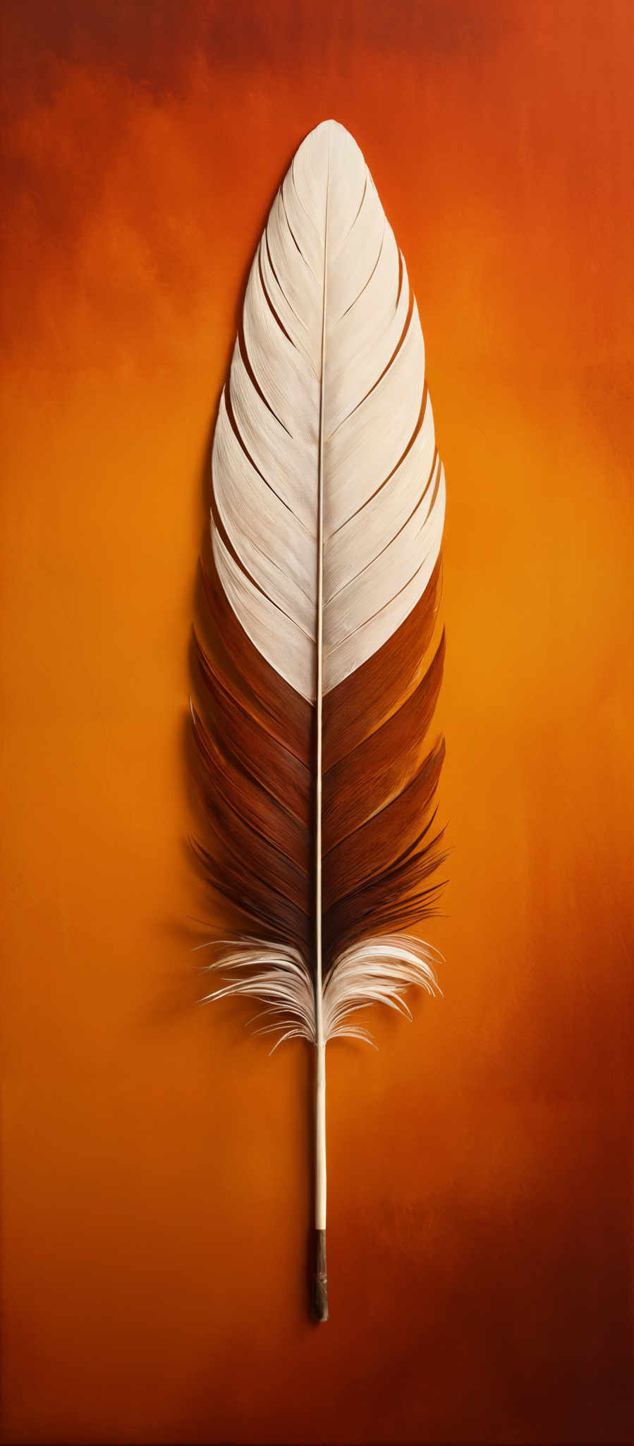 The image showcases a feather with a unique coloration. The feather is predominantly white with a gradient of brown towards the base. The shape of the feather resembles an elongated oval, with a symmetrical structure and delicate fringes at the base of the quill. The background is a gradient transitioning from a deep orange at the top to a warm, golden hue at the bottom.