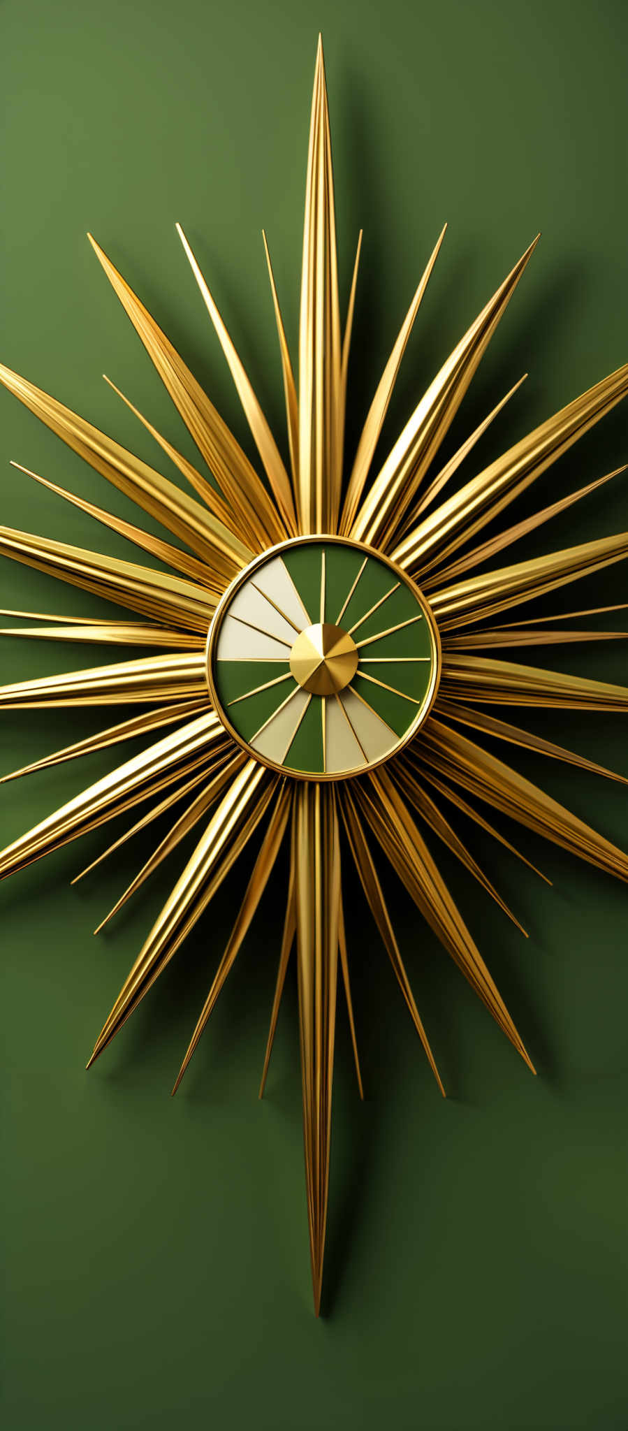 The image showcases a sunburst or star-like decorative piece made of golden-colored metal. It has multiple pointed, elongated rays emanating from a central oval-shaped frame. Within the oval frame, there's a circular design with a combination of white and green segments, resembling a clock or a sun face. The background is a solid green color, which contrasts with the golden hue of the decorative item.