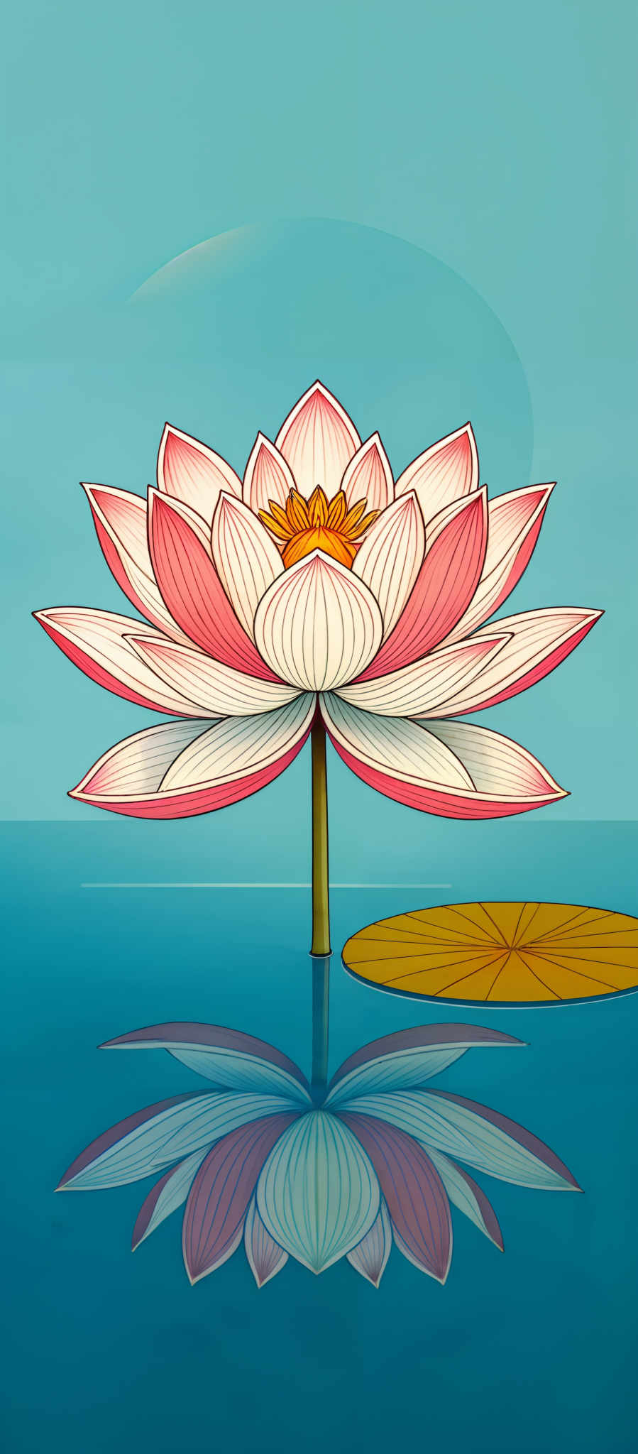 The image showcases a lotus flower with a predominantly pink hue. The petals are layered and have a slightly elongated shape, with the center revealing a yellowish-orange core. The lotus is depicted in a serene environment with calm blue water reflecting its image. There's also a lily pad floating on the water, which is a golden-brown color.