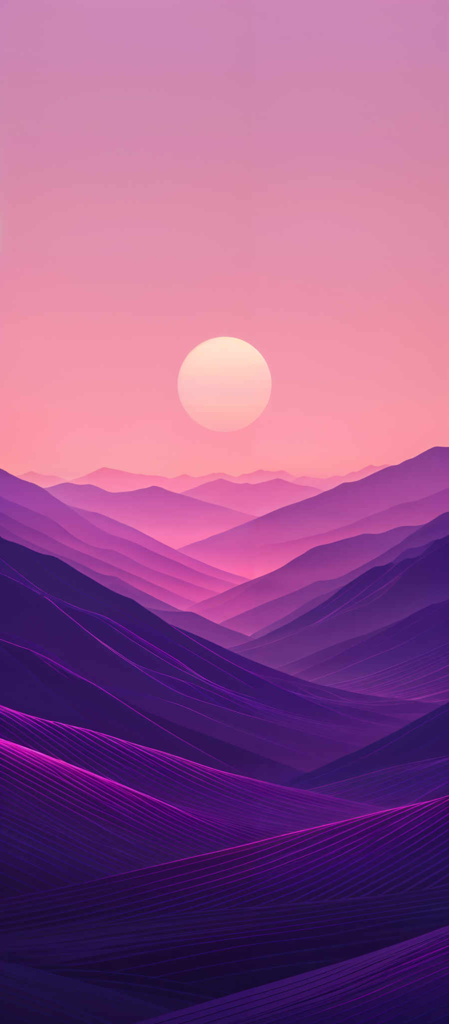 The image showcases a serene landscape during sunset. The dominant colors are shades of purple, pink, and orange. The sun is depicted as a large, round, and glowing orb, casting a warm hue over the scene. The landscape consists of rolling hills or mountains, with their contours beautifully highlighted by the play of light and shadow. The hills have a unique texture, resembling layered fabric or waves, and are bathed in a gradient of colors, transitioning from deep purple at the top to a soft pink at the bottom.