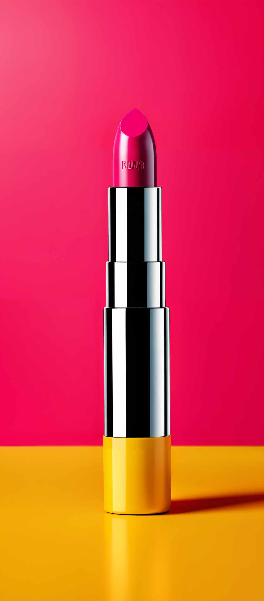 The image showcases a lipstick against a vibrant backdrop. The lipsticks are in two distinct colors: a deep pink and a bright yellow. The pink lipstic is placed on top, and the yellow one is below. The tube of the lipstics is metallic, with a reflective surface, and it's designed in a stacked manner with the pink one on top and the bright yellow one below. On the pinnacle of the pencil, there's a small engraving that reads 'POLAR'. The background is a solid pink color, and there'a slight shadow of the tube on the yellow surface.