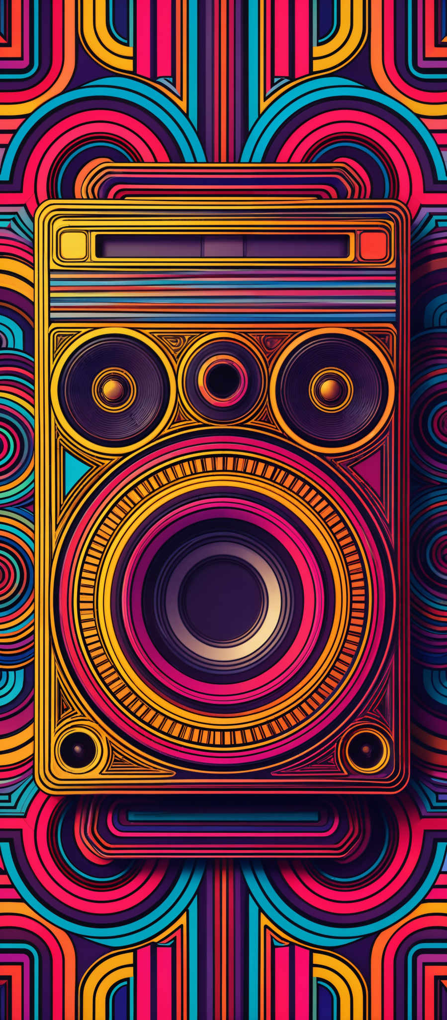 The image showcases a vibrant and intricate design. It prominently features a speaker or music player in the center, which is ornately decorated with swirls, circles, and patterns in a plethora of colors such as yellow, pink, blue, and purple. The speaker has multiple circular elements, including two large circular speakers and a smaller circular centerpiece. The background is equally colorful and intricately patterned, with symmetrical designs that complement the speaker. The overall vibe of the image is energetic and lively, reminiscent of psychedelic or retro designs.