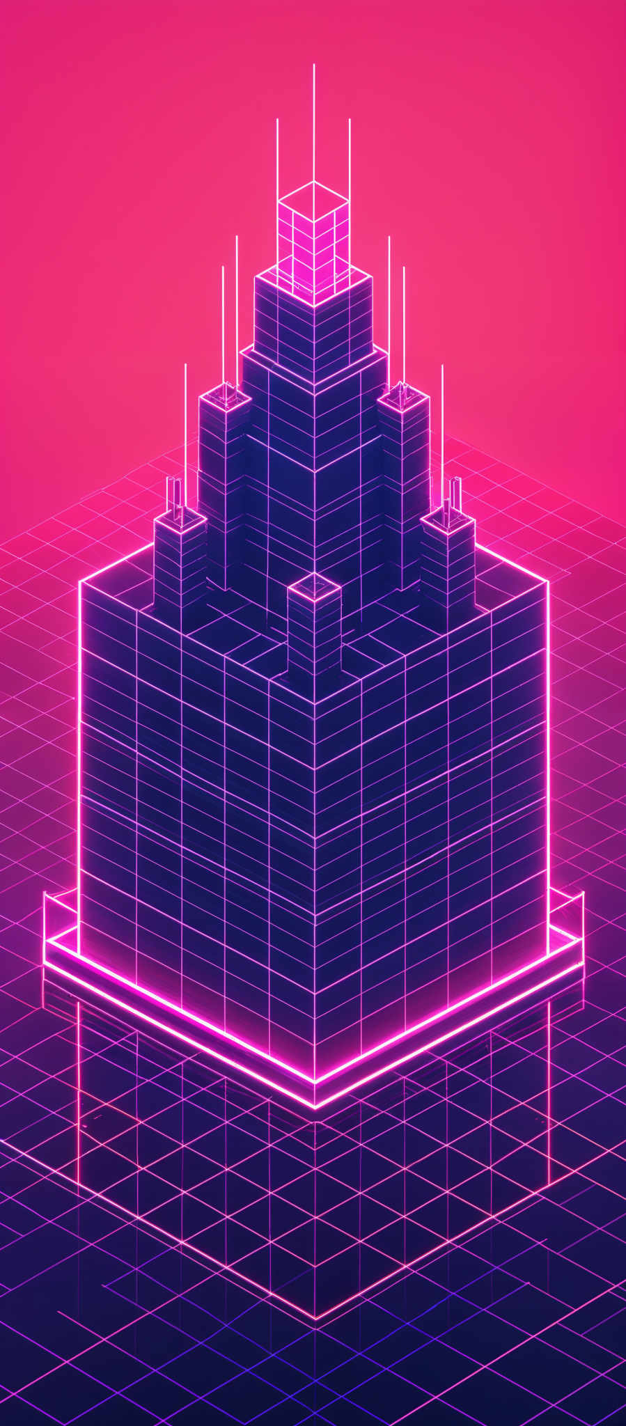 The image showcases a three-dimensional structure that resembles a pyramid or a stepped building. It is illuminated with neon pink and purple hues, giving it a futuristic and vibrant appearance. The structure is set against a grid background, which is also illuminating in the same neon colors. The entire scene is set in a vivid pink hue, creating a surreal and dreamy atmosphere.