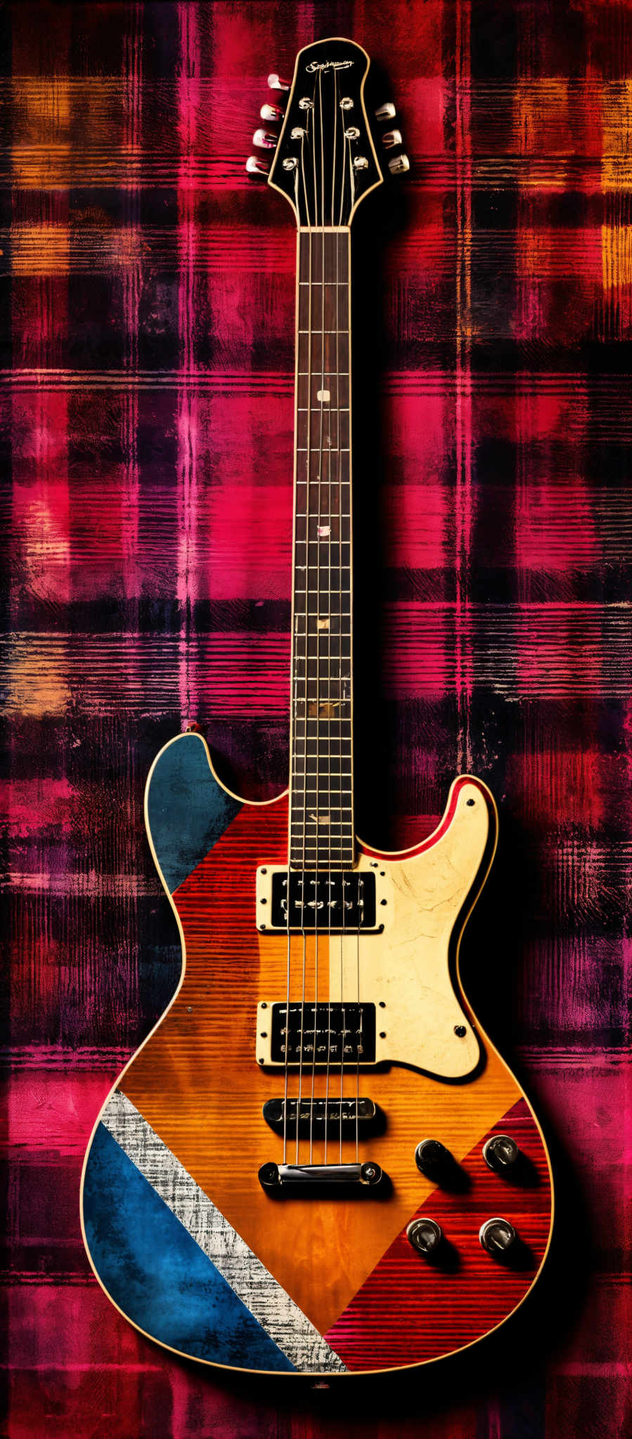 The image showcases an electric guitar with a unique and vibrant design. The guitar's body features a combination of colors, including blue, red, and orange, with a distinct triangular patch in the center. The neck of the guitar is dark, possibly black or deep brown. The headstock of the instrument has a distinct shape with multiple tuning pegs. The background of the image is a textured plaid pattern in shades of red, pink, and purple.