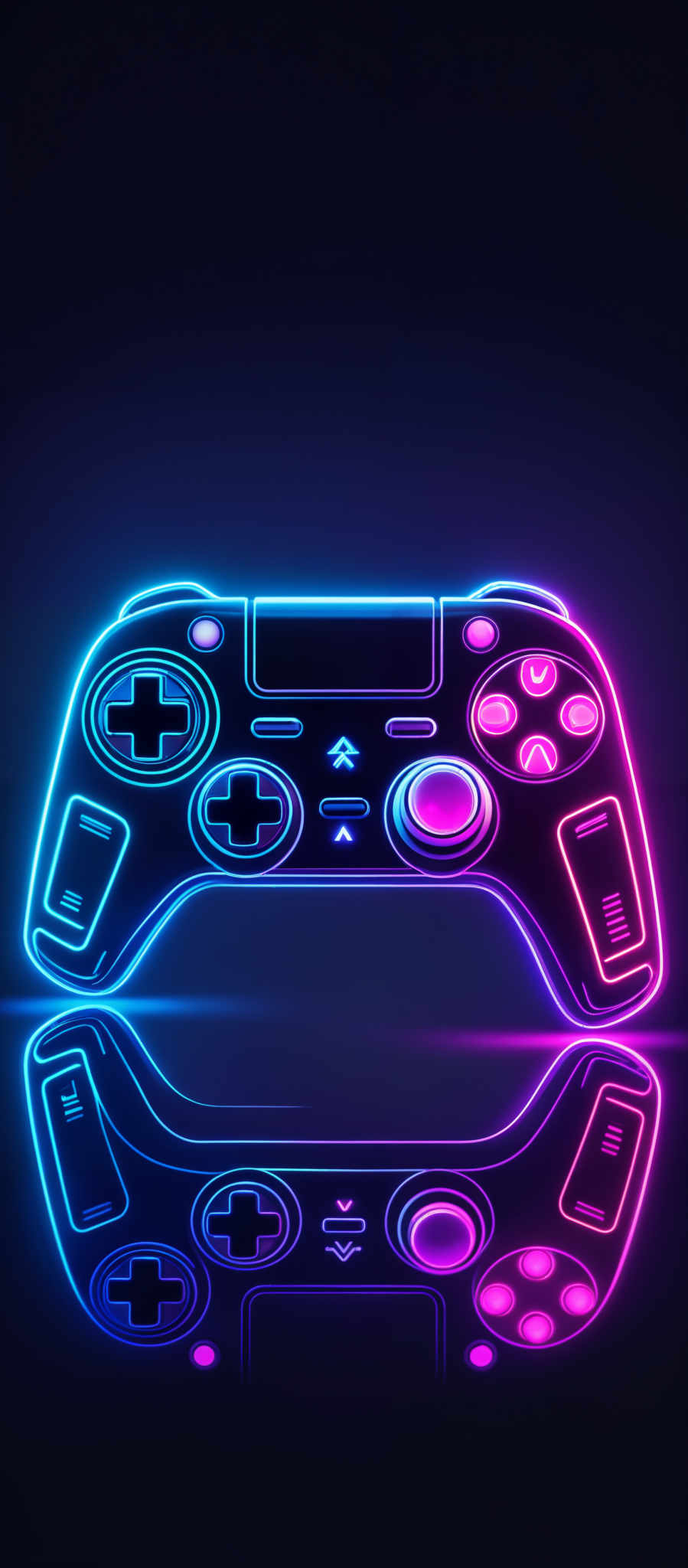 The image showcases a neon-lit, futuristic-looking game controller. The controller is predominantly in shades of blue and pink, with intricate details like buttons, a screen, and joysticks. The neon lights create a vibrant contrast against the dark background, and the reflection on the surface below the controller adds depth and dimension to the image, making it appear as though the controller is floating.