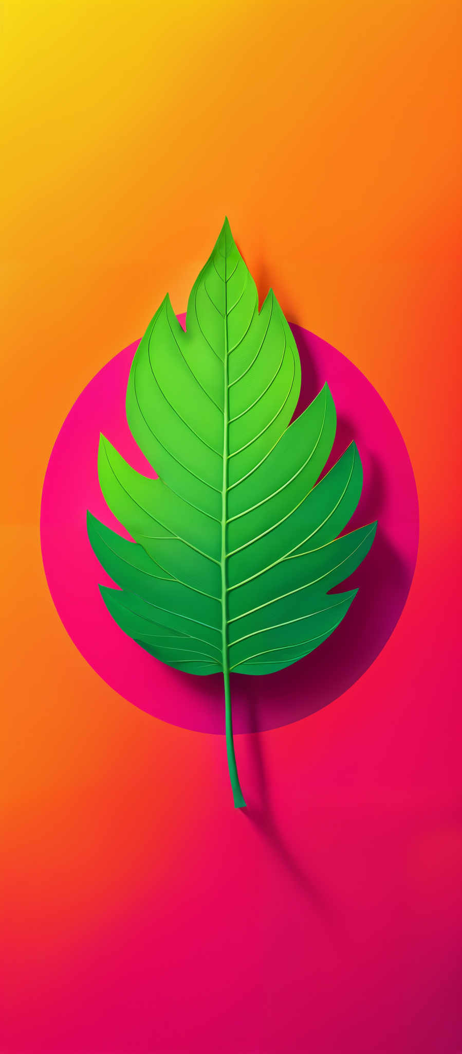 The image showcases a vibrant and colorful depiction of a leaf. The leaf is predominantly green with a slightly elongated shape. It has a prominent vein structure running through its center. The background consists of a gradient of colors, transitioning from a bright yellow at the top to a deep pink at the bottom. The overall ambiance of the image is lively and energetic, possibly evoking feelings of warmth and nature.