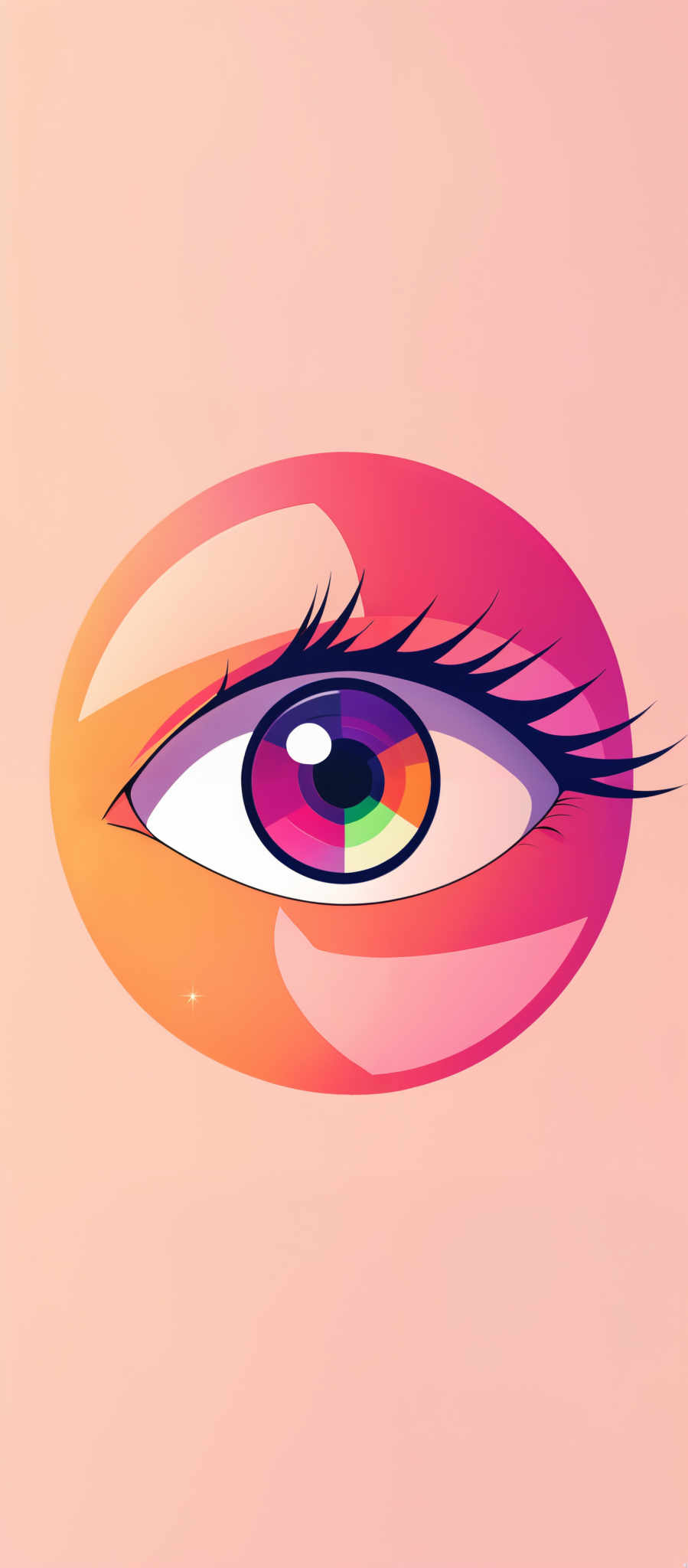 The image showcases a stylized eye with a vibrant and colorful iris. The eye is predominantly shaped like a circle, with a glossy, reflective surface. The iris displays a myriad of colors, including shades of blue, green, yellow, and purple, arranged in a circular pattern. The pupil is a small, dark circle at the center of the iris, and there are long, curved eyelashes extending outward. The background is a soft peach color, which contrasts with the eye's vivid colors.