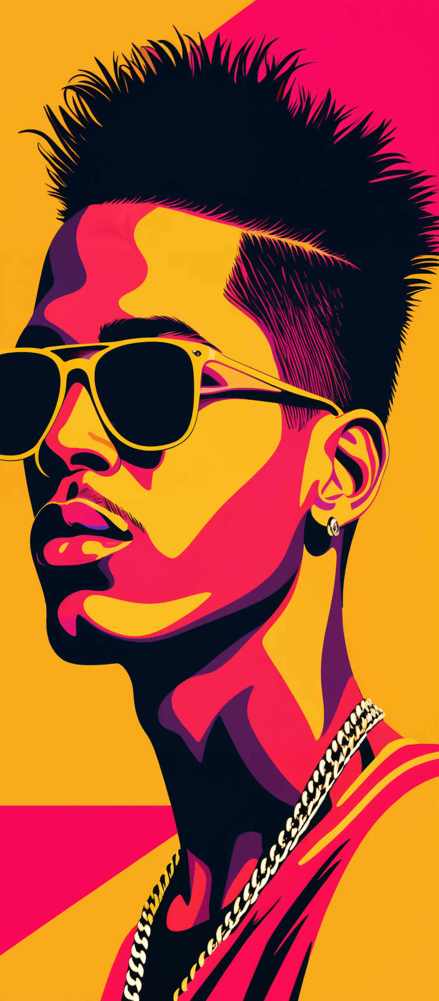 The image showcases a stylized portrait of a man. The dominant colors are shades of yellow, pink, and purple. The man has a distinct spiky hairstyle, wears sunglasses, and has a chain necklace. The portrait is designed in a pop art style, with sharp contrasts and bold outlines.