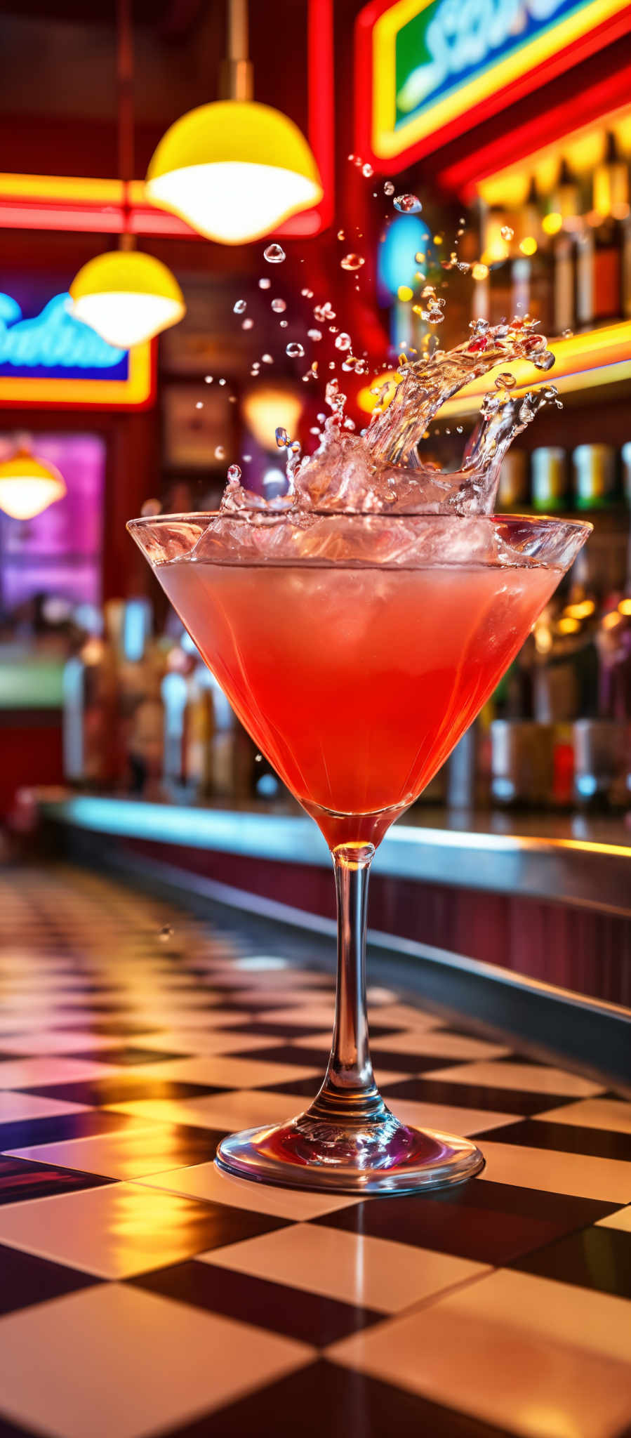 The image showcases a vibrant scene from what appears to be a bar or diner. The central focus is a martini glass containing a pinkish-red beverage, which is splashing out, creating a dynamic splash effect. The glass is placed on a checkered black and white surface. In the background, there are neon signs, including one that reads 'Coca-Cola'. The ambiance is lively, with warm lighting from overhead lamps casting a glow. The overall color palette is rich, with dominant hues of red, pink, and gold.