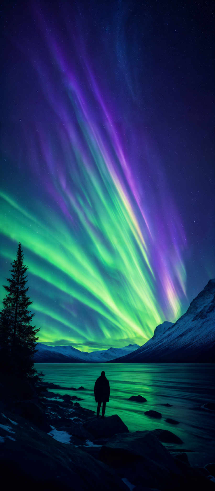 The image showcases a breathtaking view of the Northern Lights, also known as the Aurora Borealis. The lights display a vibrant array of colors, including deep purples, vivid greens, and hints of blue. These colors beautifully streak across the night sky, creating an ethereal and mesmerizing effect. The shape of the lights is wavy and flowing, almost reminiscent of waves or curtains. Below the sky, there's a serene landscape featuring a calm body of water reflecting the lights. On the left side, there are snow-covered mountains, and a solitary tree stands tall, silhouetted against the backdrop of the aurora. In the foreground, a person stands on rocky terrain, gazing up at the spectacle, adding a sense of scale and wonder to the scene