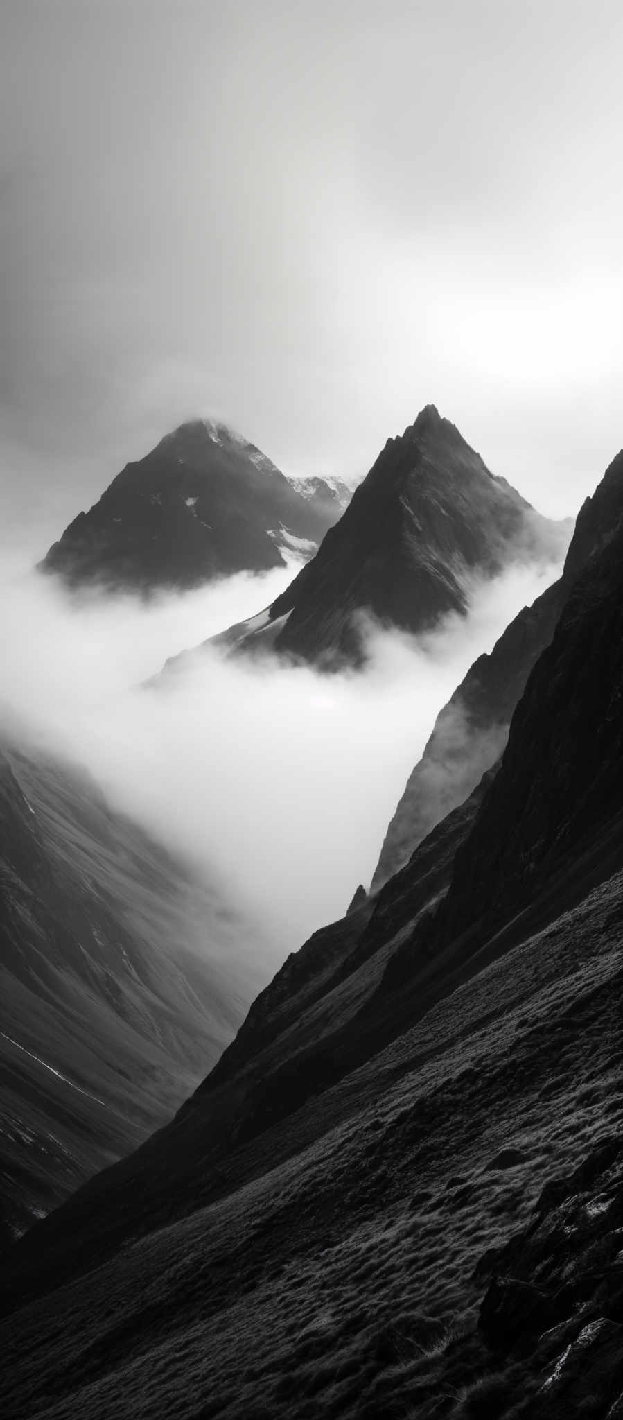 The image is in black and white, showcasing a dramatic mountainous landscape. The mountains are jagged and rise sharply from the valleys below. The peaks of the mountains are capped with snow, suggesting higher altitudes or colder climates. The valleys are filled with mist or low-lying clouds, creating a surreal and ethereal atmosphere. The foreground features rugged terrain with what appears to be a path or trail leading up to the mountains.