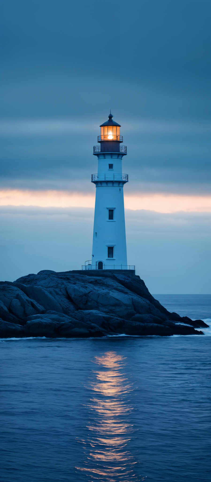 The image showcases a lighthouse situated on a rocky outcrop amidst calm waters. The lighthouses towering white structure is complemented by a brightly lit beacon at its pinnacle. The sky above is painted in hues of blue and gray, suggesting either an early morning or late evening setting. The water reflects the lighthhouse and the ambient light, creating a serene and tranquil atmosphere.