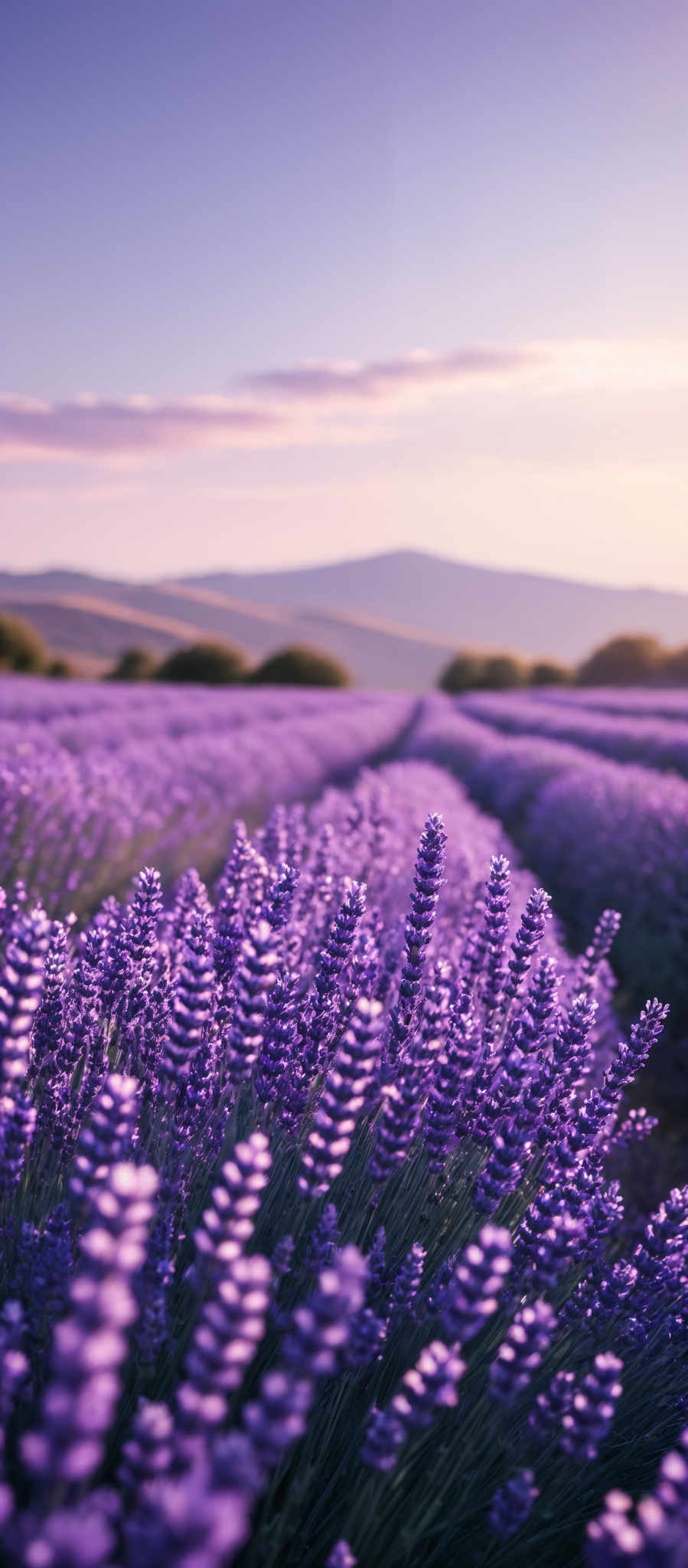 The image showcases a vast field of lavender with rows of plants stretching into the distance. The lavender flowers are in full bloom, displaying a vibrant purple hue. The sky above is painted with soft shades of blue and pink, indicating either dawn or dusk. In the background, there are gentle rolling hills and a solitary tree, all bathed in the warm glow of the setting or rising sun.