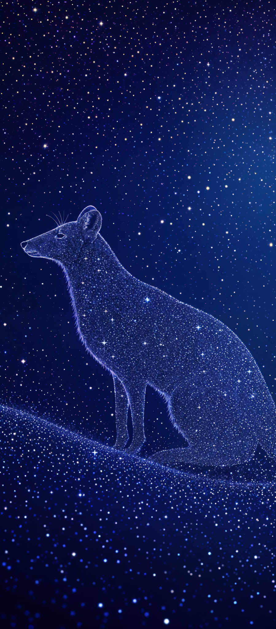 The image predominantly features a deep blue background filled with numerous white stars. In the foreground, there's a silhouette of a wolf or dog, intricately detailed with a sparkling, starry texture. The wolf appears to be sitting or resting, and its form is outlined against the starry backdrop, creating a striking contrast.