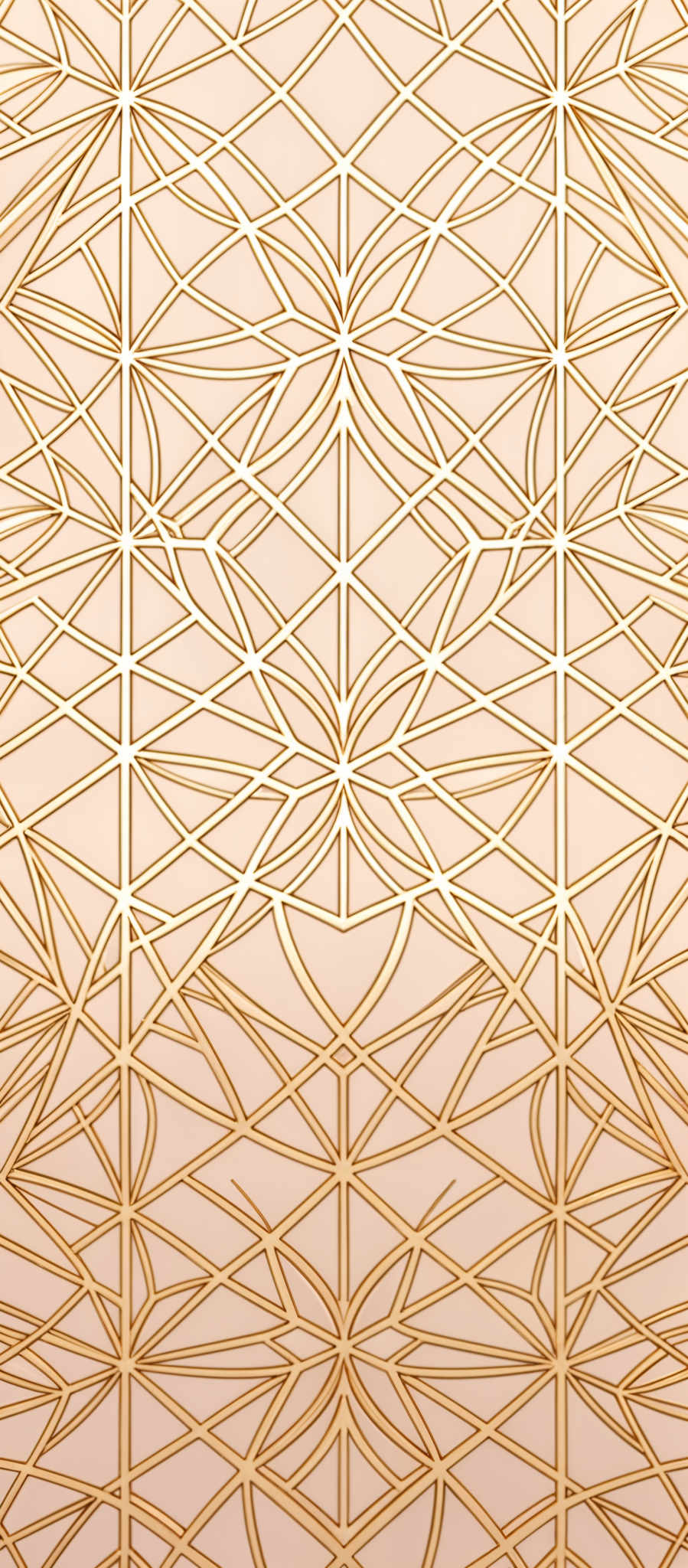 The image showcases a symmetrical geometric pattern with intertwining lines forming intricate shapes. The dominant color is a shade of beige or light tan, which forms the background. The intertwined lines are in a golden hue, creating a contrast against the beige background. These golden lines form various shapes, including triangles, diamonds, and other polygons, creating an intricate and mesmerizing pattern.