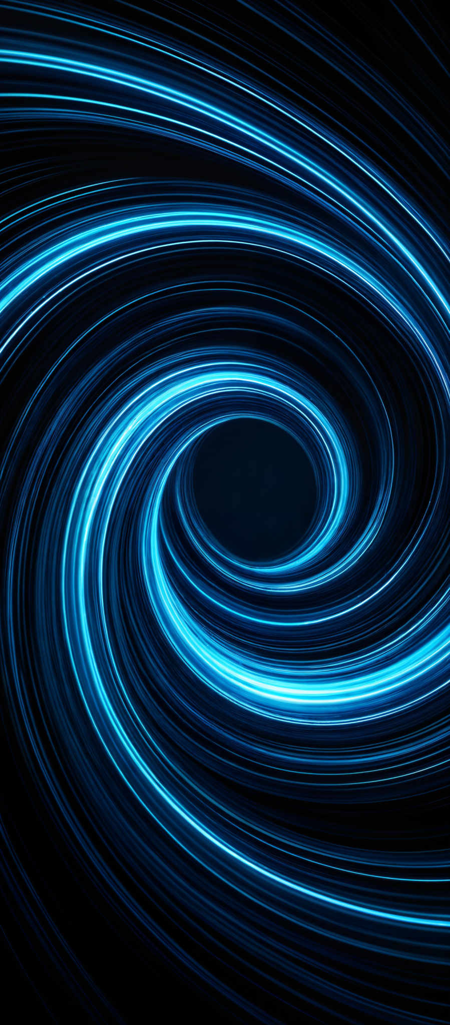 The image showcases a vibrant swirl of blue and black. The swirl appears to be a vortex or a whirlpool, spiraling inwards. The blue lines radiate outwards from the center, creating a mesmerizing effect. The contrast between the deep black background and the bright blue lines emphasizes the depth and intensity of the swirl.