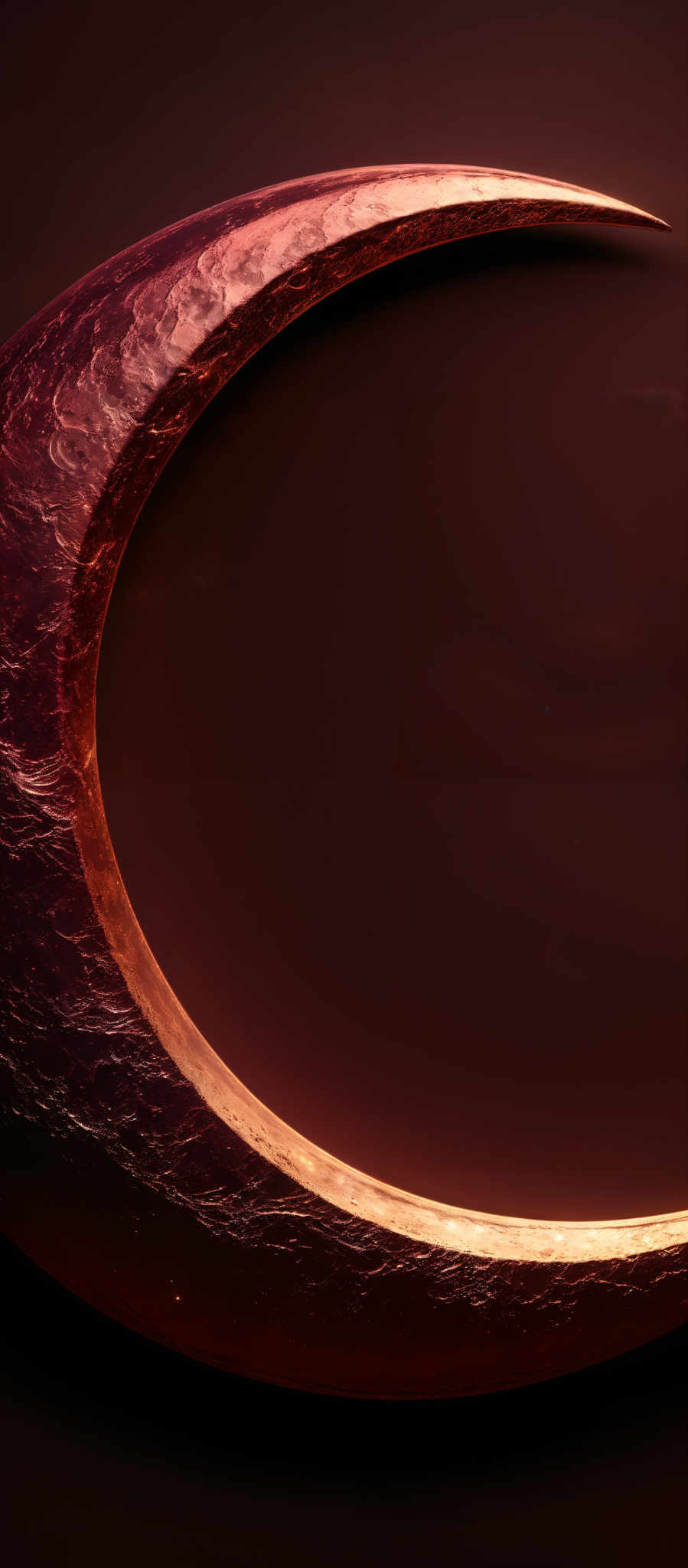 The image showcases a crescent-shaped object with a rich, textured surface. The predominant colors are varying shades of red, ranging from deep crimson to a lighter, almost pinkish hue. The texture appears to be intricate, resembling the surface of a planet or celestial body, with craters, ridges, and other geological formations. The background is dark, emphasizing the luminosity and details of the crescent.