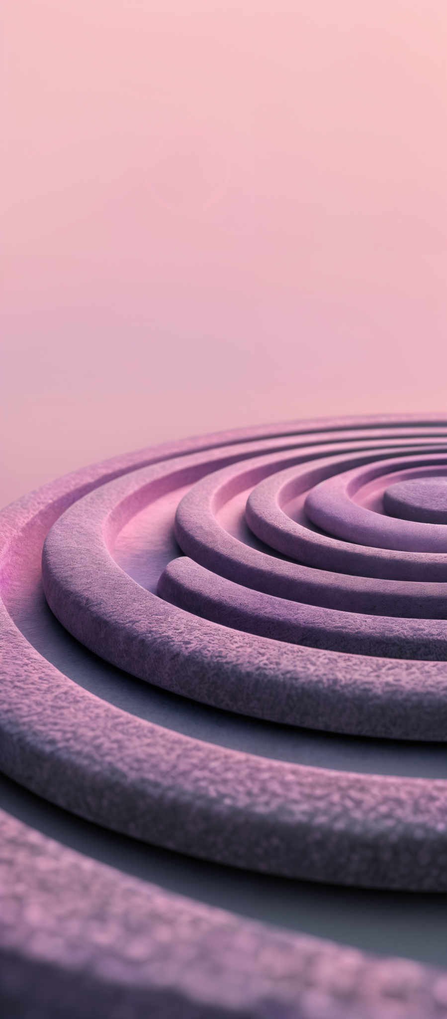 The image showcases a series of concentric, curved, and layered structures that resemble a spiral or a ripple effect. The color palette is dominated by shades of pink, purple, and lavender, creating a serene and dreamy ambiance. The structures are intricately detailed, with each layer exhibiting a textured surface, possibly suggesting a material like stone or marble. The overall composition gives a sense of depth and dimension, inviting viewers to explore the intricacies of the design.